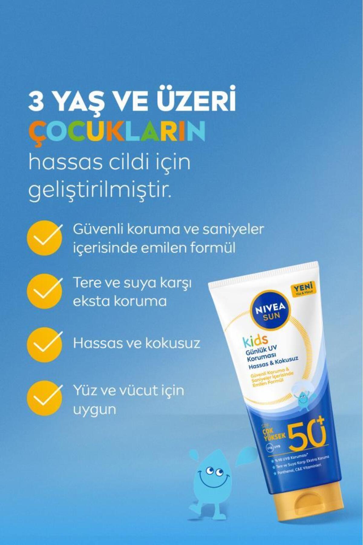 NIVEA SUN SPF50+Çocuklar İçin Çok Yüksek Güneş Korumalı Yüz,Vücut Güneş Kremi 100 ml,Kokusuz,E,C Vitamini - Görsel 3