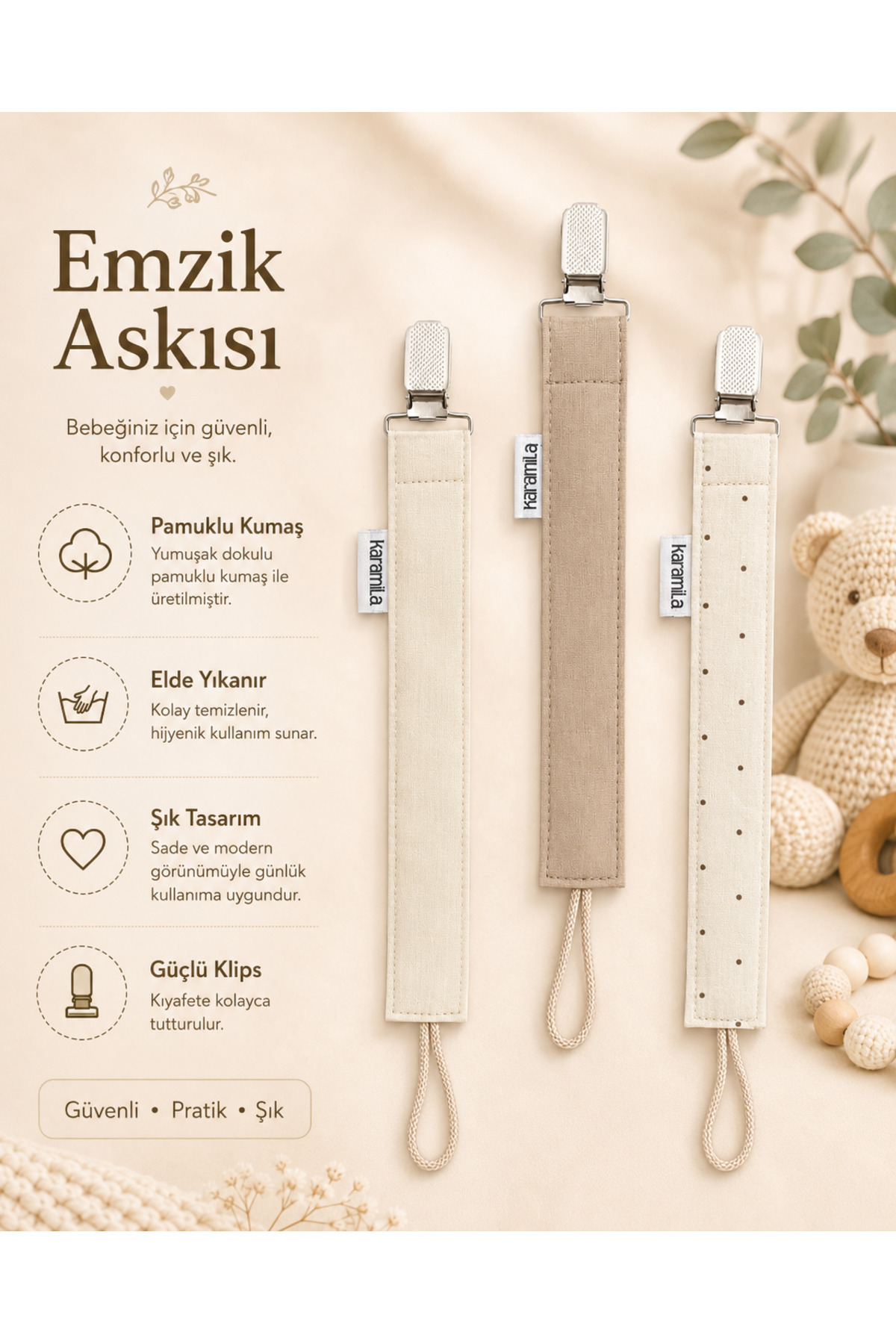 KARAMİLA 3’lü Set Bebek Emzik Askısı - Emzik Zinciri - Emzik Tutacağı Kahve Tonlar