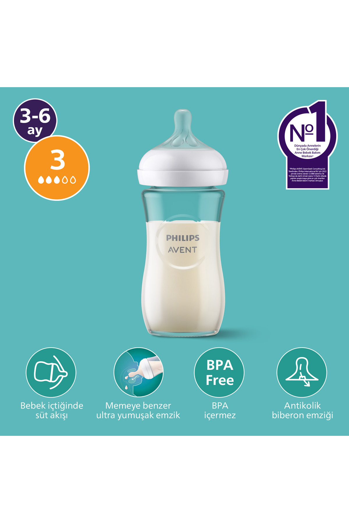 Philips Avent Doğal Tepkili Cam Biberon, 240ml, 3-6 Ay, SCY933/01