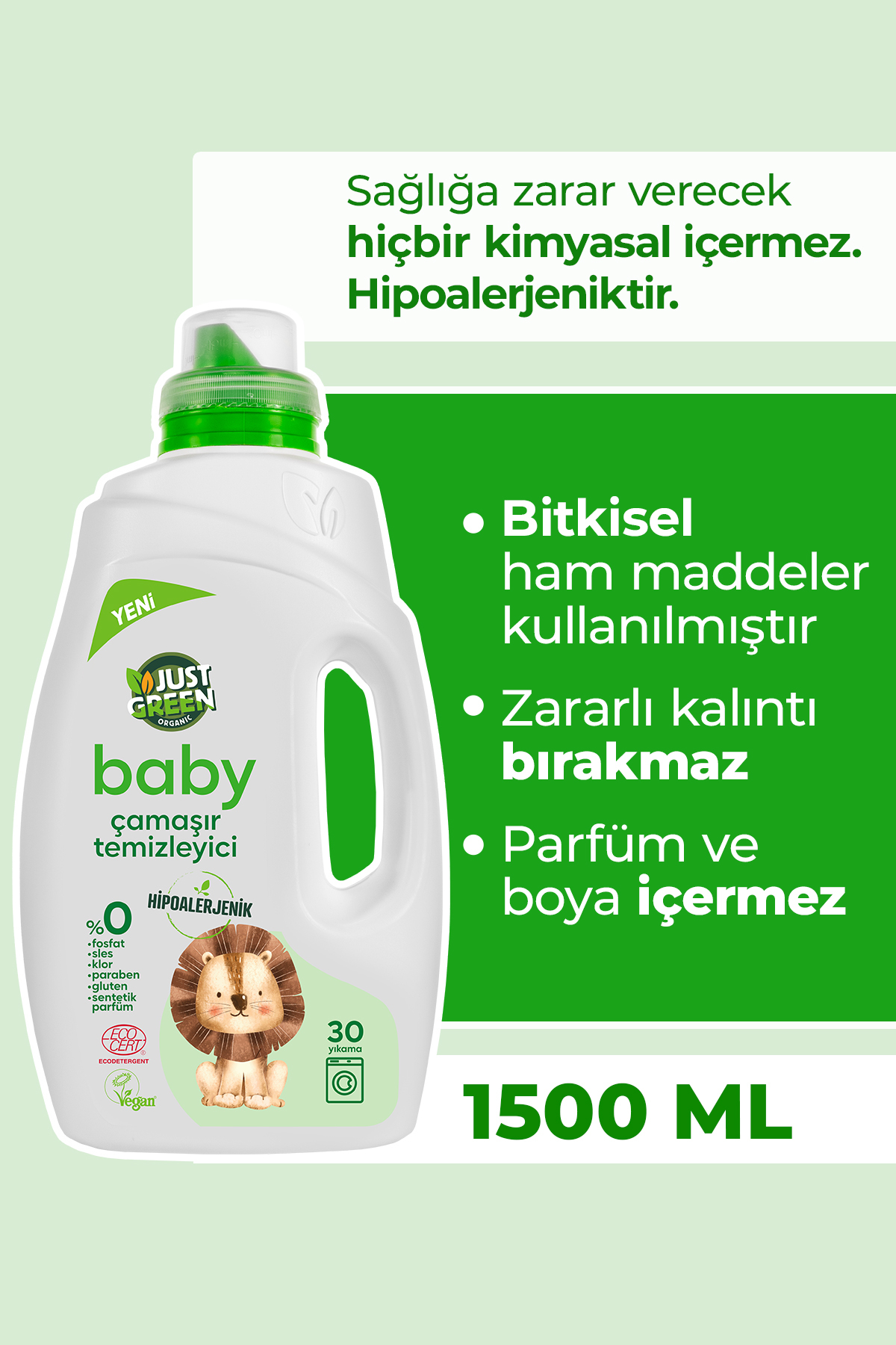 Just Green Organic Bebek Çamaşır Deterjanı,baby Çamaşır Temizleyici,bebekler Için 0 Doğal Ve Hassas Temizlik,1500 ml