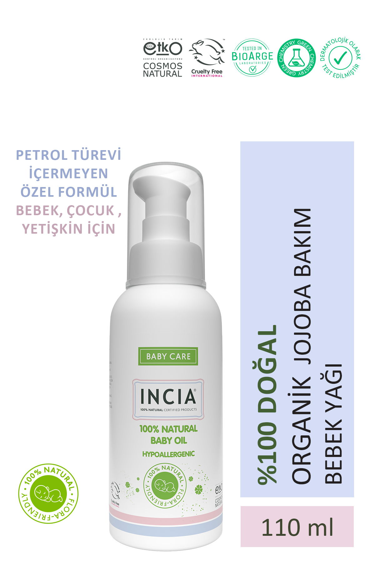 INCIA 0 Doğal Bebek Yağı Organik Jojoba Bakım Masaj Yağı Parafinsiz Bitkisel Vegan 110 ml