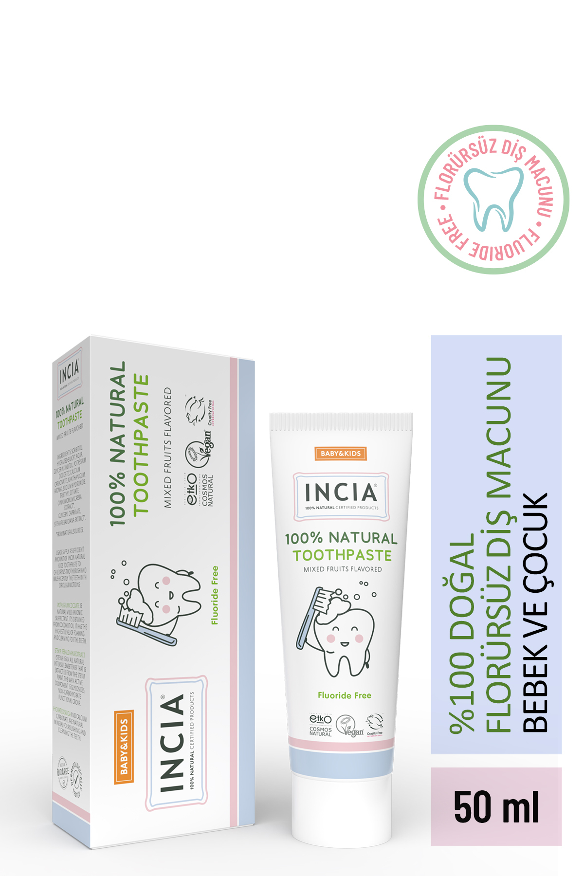 INCIA 0 Doğal Diş Macunu Bebek ve Çocuk Karışık Meyve Aromalı Florürsüz 50 ml