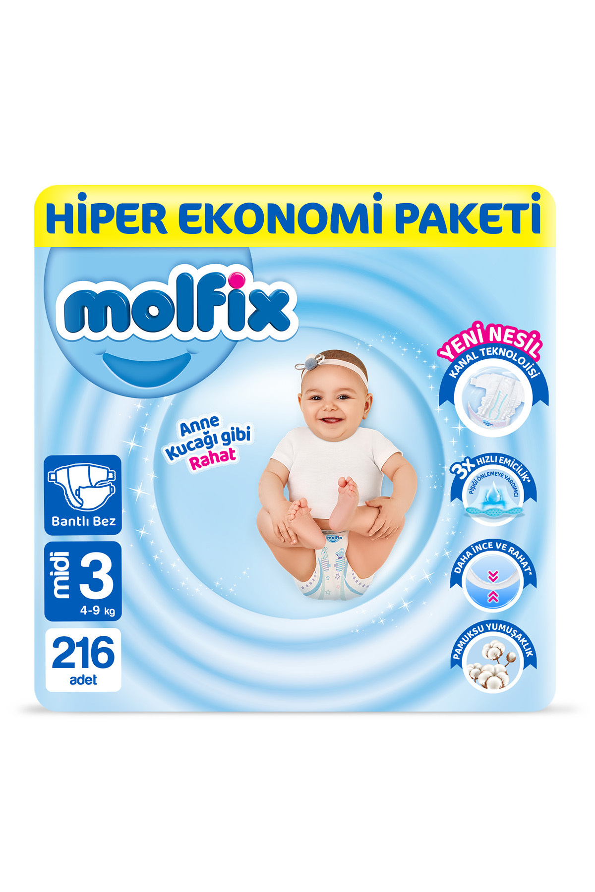 Molfix Bebek Bezi 3 Beden Midi Hiper Ekonomi Paketi 216 Adet