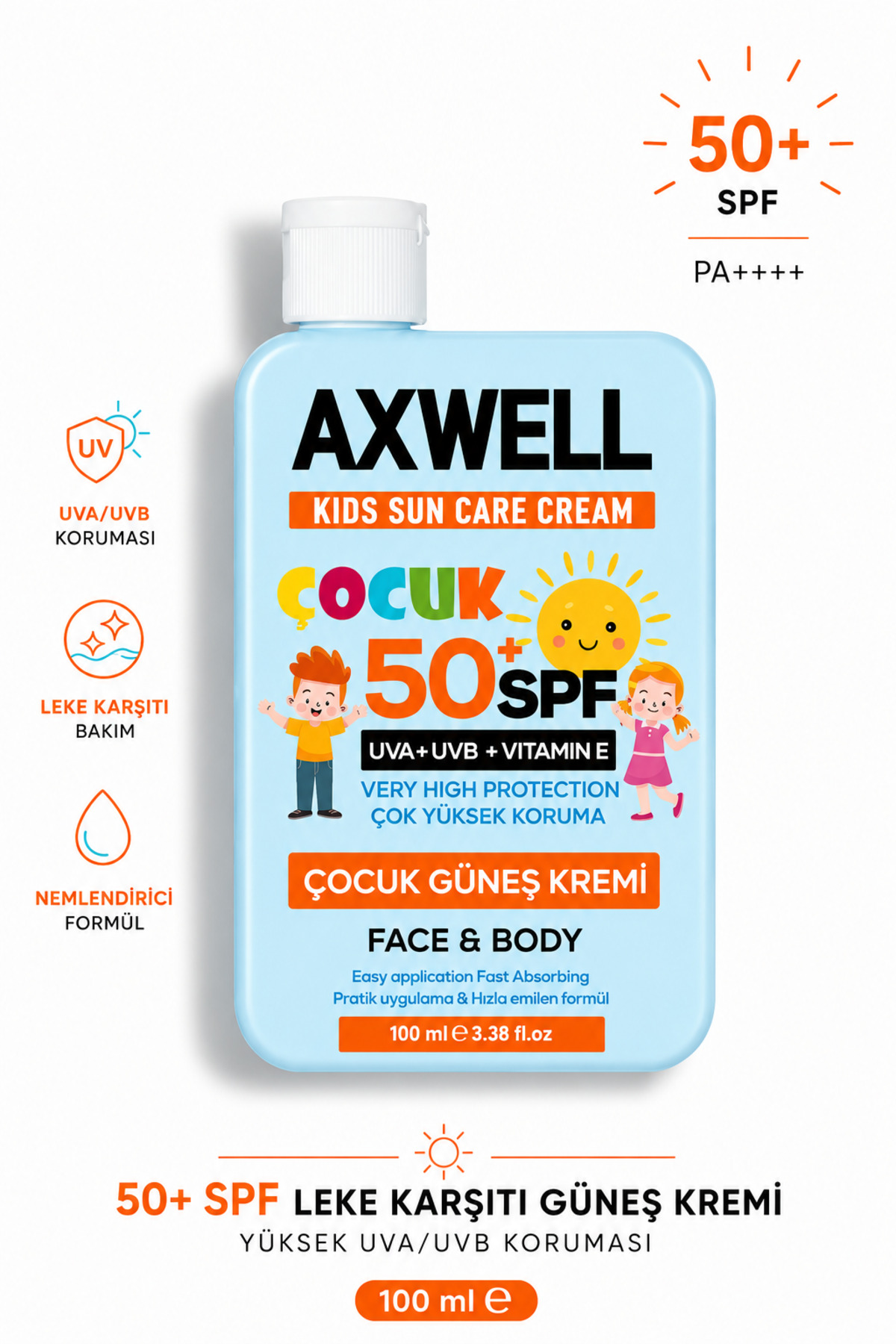 AXWELL Kids Sun Cream Çocuk Güneş Kremi Çok Yüksek Koruma + Vitamin E Spf 50+ 100ml
