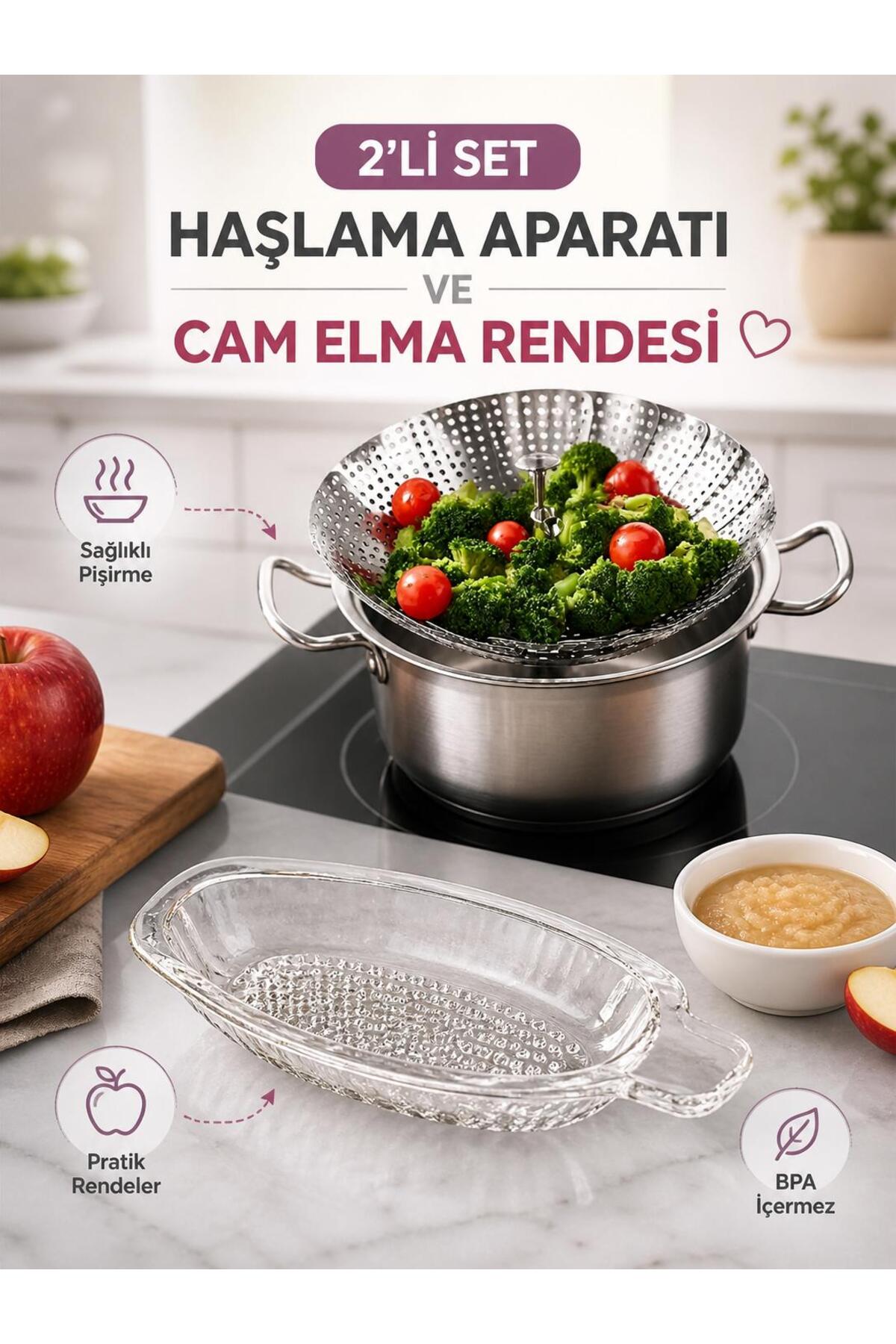MorPort Bebekler için Ek Gıda Haşlama Aparatı ve Cam Elma Rendesi 2'li Set