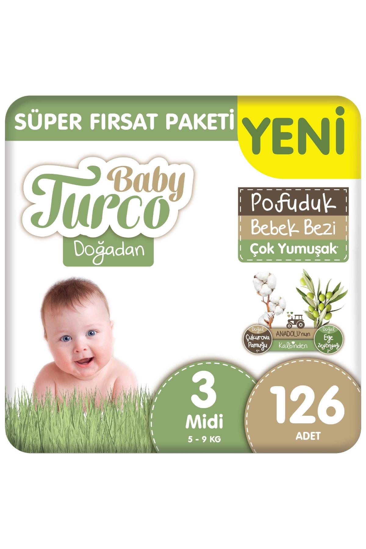 Baby Turco Doğadan Süper Fırsat Paketi Pofuduk Bebek Bezi 3 Numara Midi 126 Adet