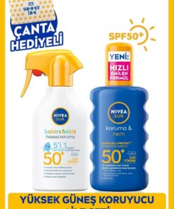 NIVEA SUN SPF50+ Çocuklara Özel Hassas Güneş Spreyi 270ml Ve SPF50 Güneş Koruyucu Spreyi, Çanta Hediye