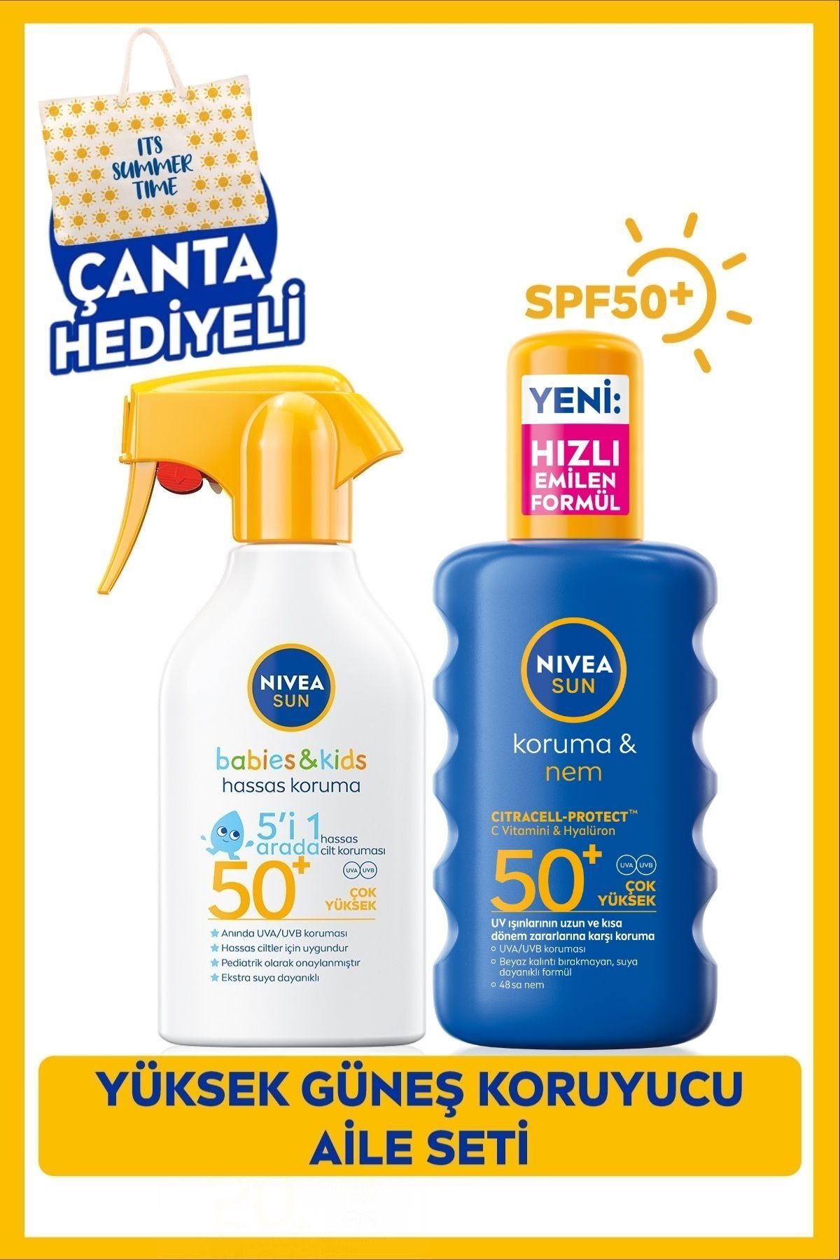 NIVEA SUN SPF50+ Çocuklara Özel Hassas Güneş Spreyi 270ml Ve SPF50 Güneş Koruyucu Spreyi, Çanta Hediye