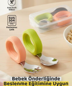 Guqqo Bebek Çatal Kaşık Seti, Paslanmaz Çelik, Silikon Saplı, Pudra Yeşil