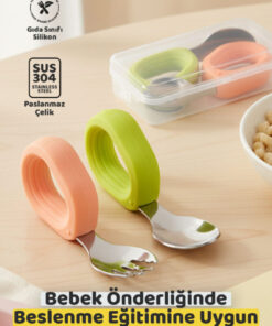 Guqqo Bebek Çatal Kaşık Seti, Paslanmaz Çelik, Silikon Saplı, Pudra Yeşil