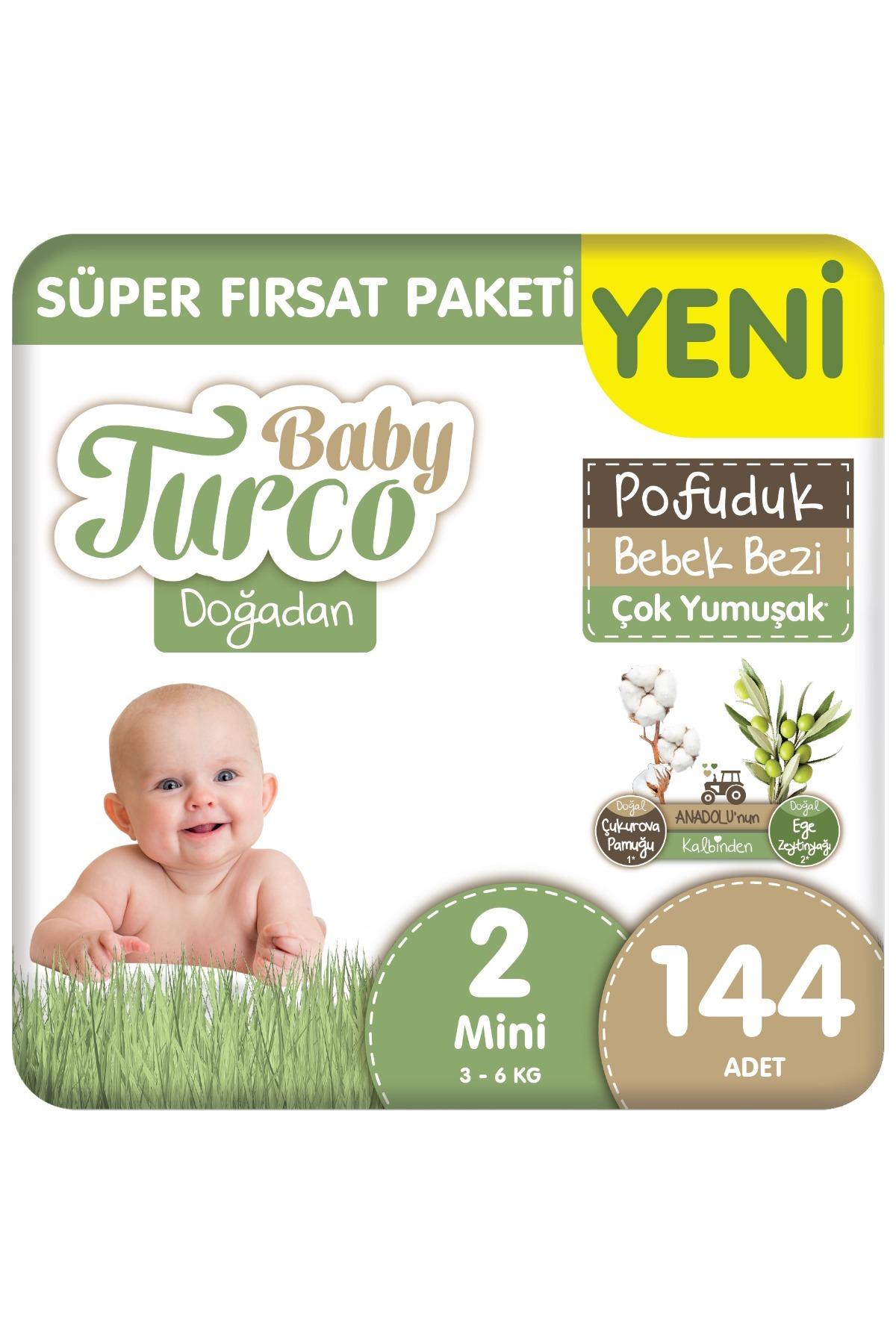 Baby Turco Doğadan Süper Fırsat Paketi Pofuduk Bebek Bezi 2 Numara Mini 144 Adet