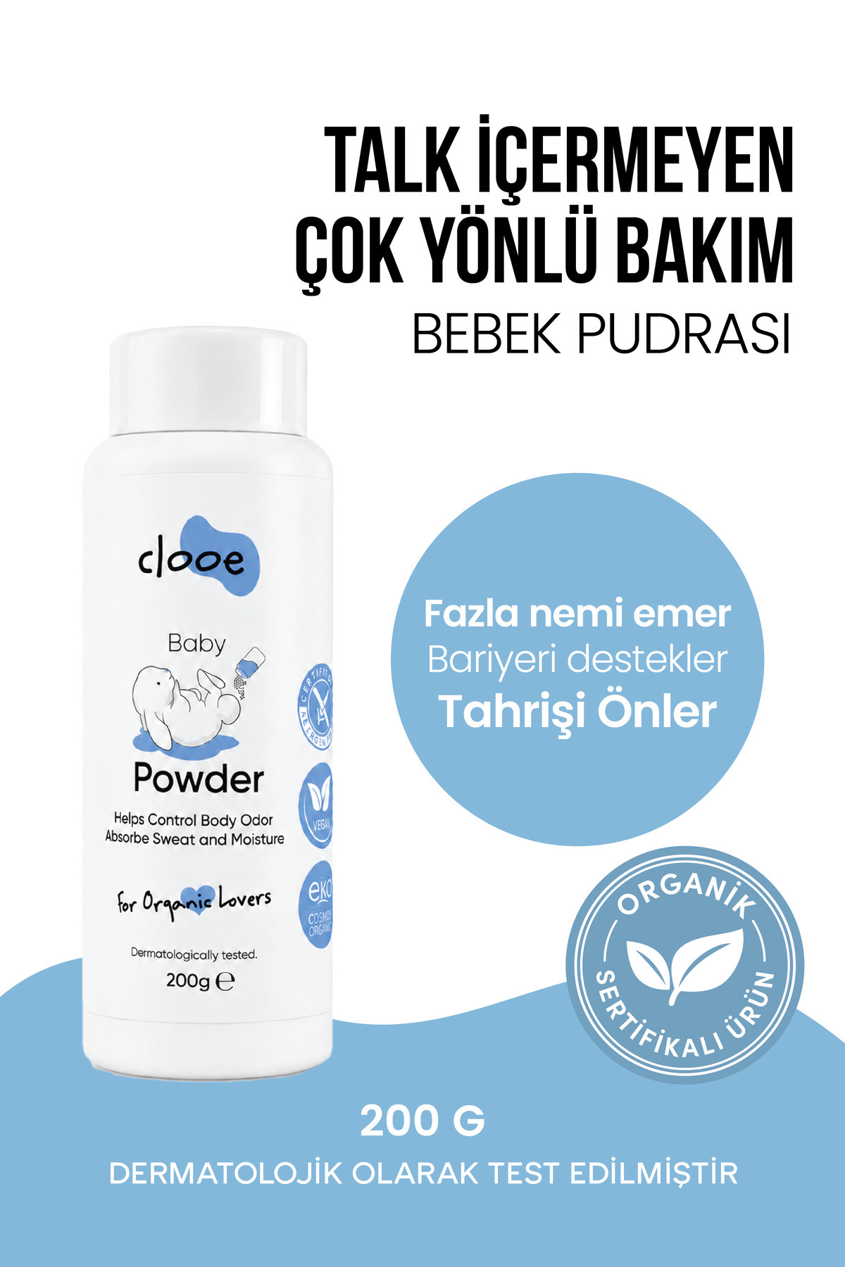 clooe Organik Bebek Pudrası (200GR) Organik Sertifikalı Ferahlatıcı Etki Hassas Ciltlere Özel Talk İçermez