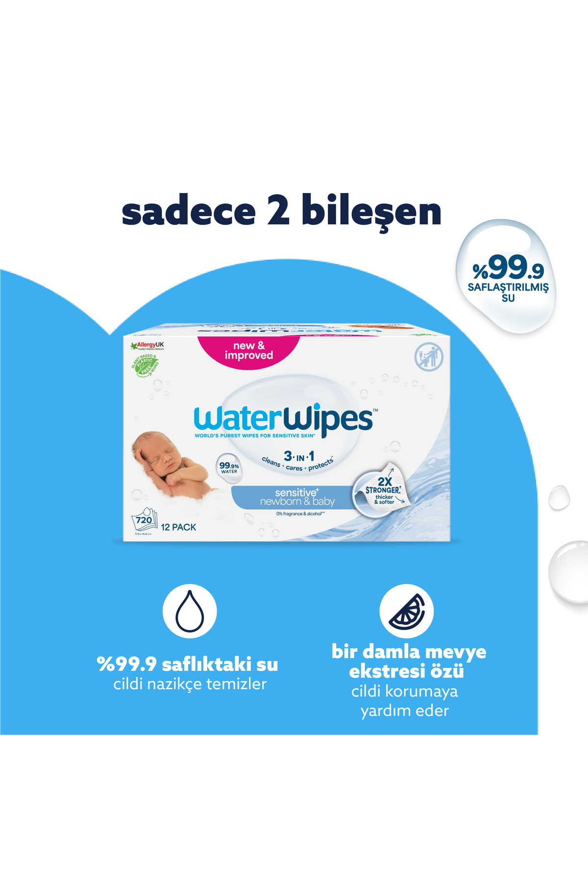 WaterWipes Bio Yenidoğan Islak Mendil 12×60 Adet (720 Yaprak) - Görsel 3