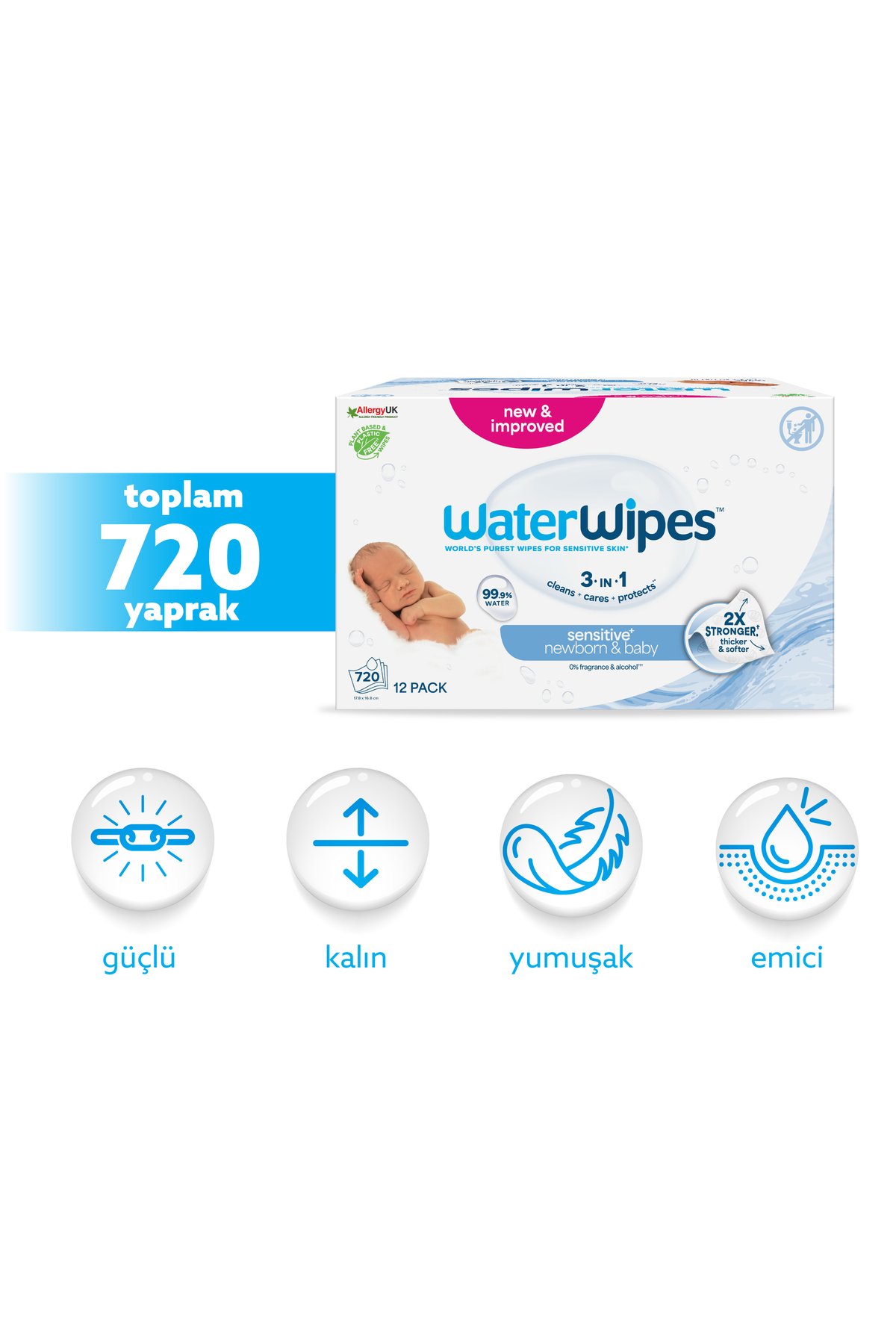 WaterWipes Bio Yenidoğan Islak Mendil 12×60 Adet (720 Yaprak)