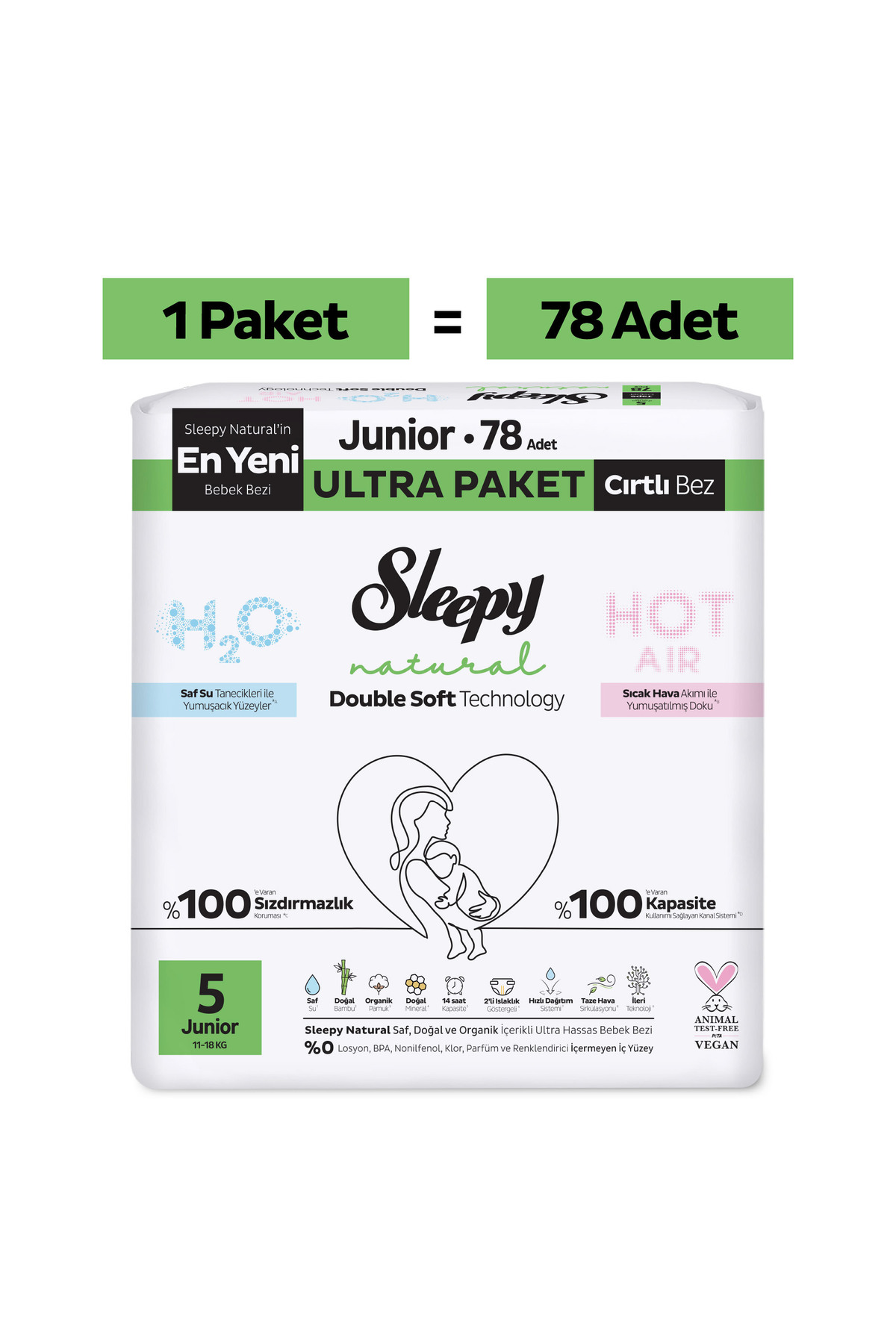 Sleepy Natural Double Soft Ultra Paket Bebek Bezi 5 Numara Junior 78 Adet - Görsel 2