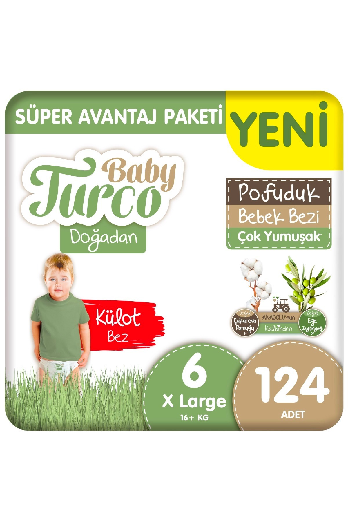 Baby Turco Doğadan Süper Avantaj Paketi Pofuduk Külot Bez 6 Numara Xlarge 124 Adet