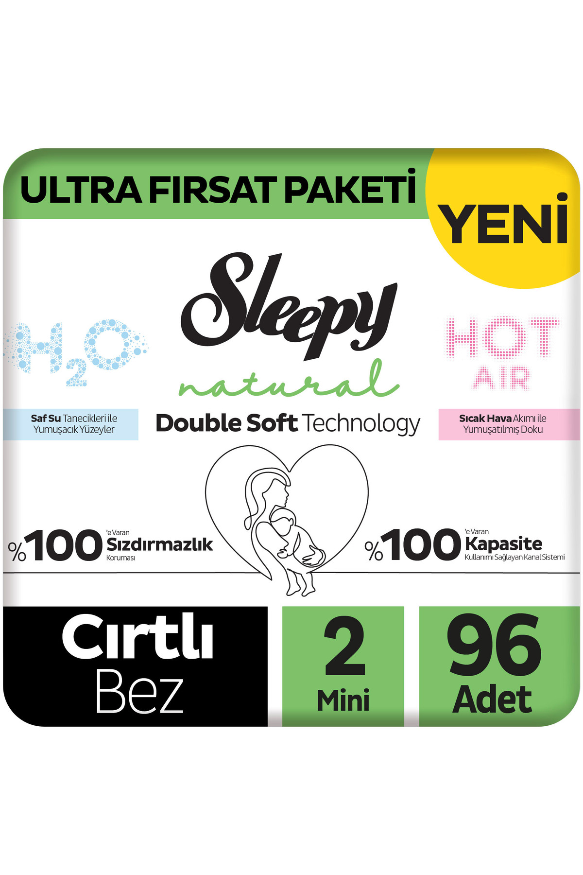 Sleepy Natural Double Soft Ultra Fırsat Paketi Bebek Bezi 2 Numara Mini 96 Adet
