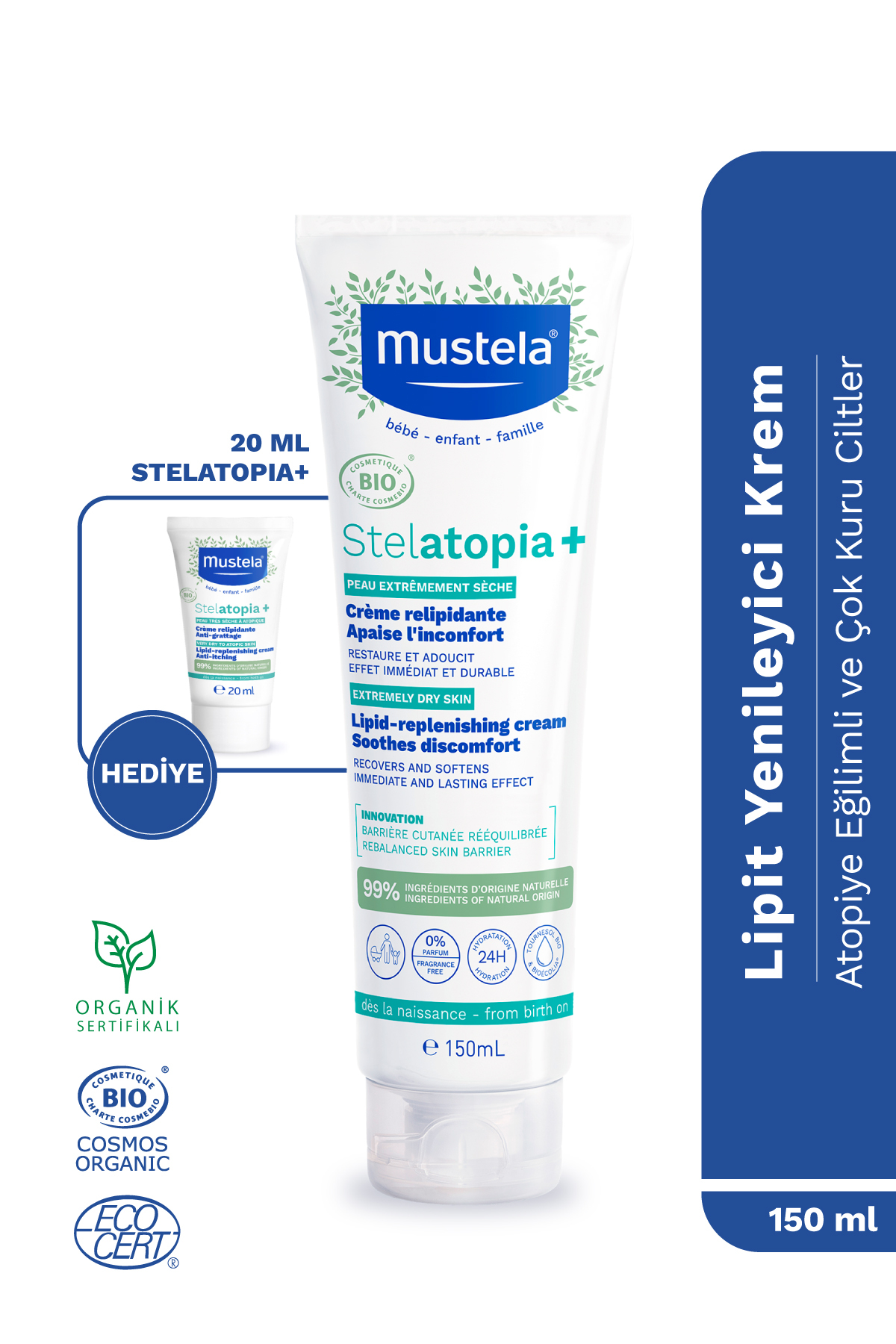 Mustela Organik Sertifikalı Stelatopia+ Atopik Cilt Nemlendirici Krem 150ml Seyahat Boy 20ml Hediyeli 170ml