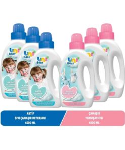 Uni Baby Sıvı Çamaşır Deterjanı 1500 ml Aktif + Yumuşatıcı 1500 ml Hassas Hipoalerjenik Karma 6 Lı Set