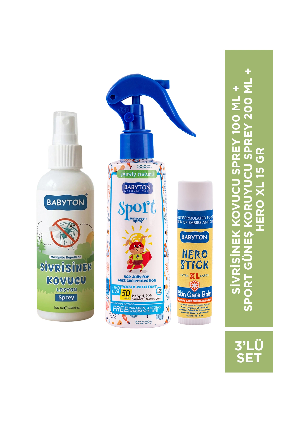 BABYTON SET 3'LÜ Sivrisinek Kovucu Sprey 100 ml+Sport Güneş Koruyucu Sprey 200 ml+Hero Stick XL 15 gr