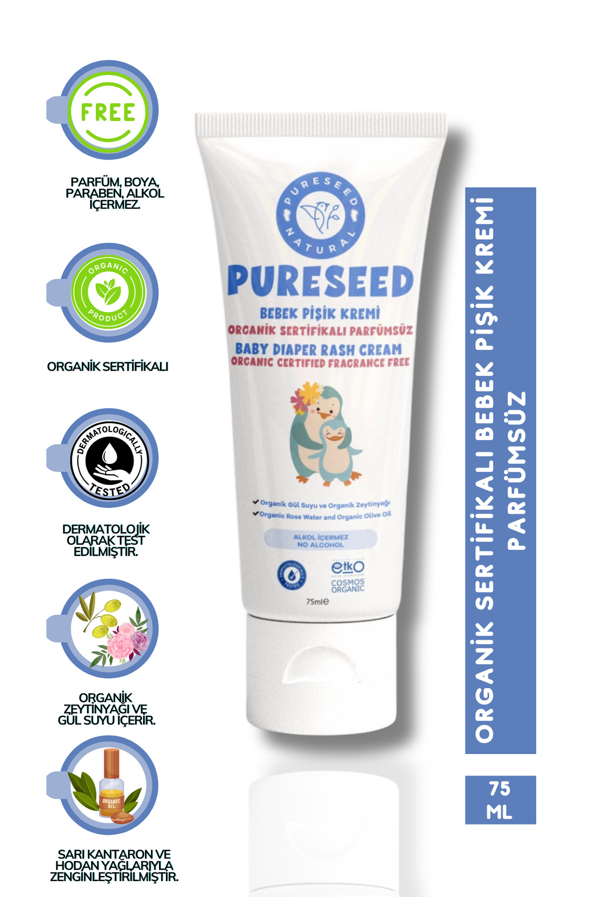 PURESEED NATURAL Organik Sertifikalı Bebek Pişik Kremi Parfümsüz - 75 ml