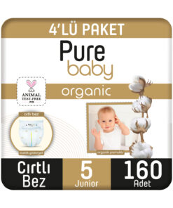 Pure Baby Organik Pamuklu Cırtlı Bez 4'lü Paket 5 Numara Junior 160 Adet