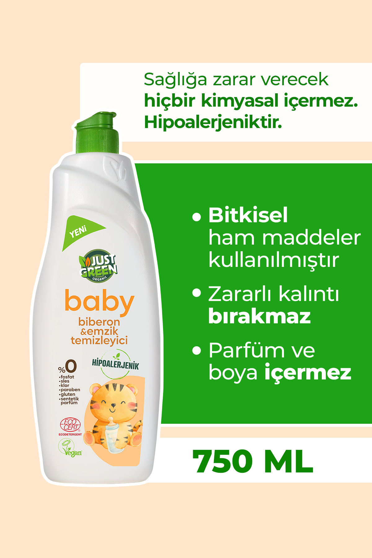 Just Green Organic Baby Biberon Ve Emzik Temizleyici - Bebekleriniz Için Doğal Ve Güvenli Temizlik 0 Doğal (750 ML)
