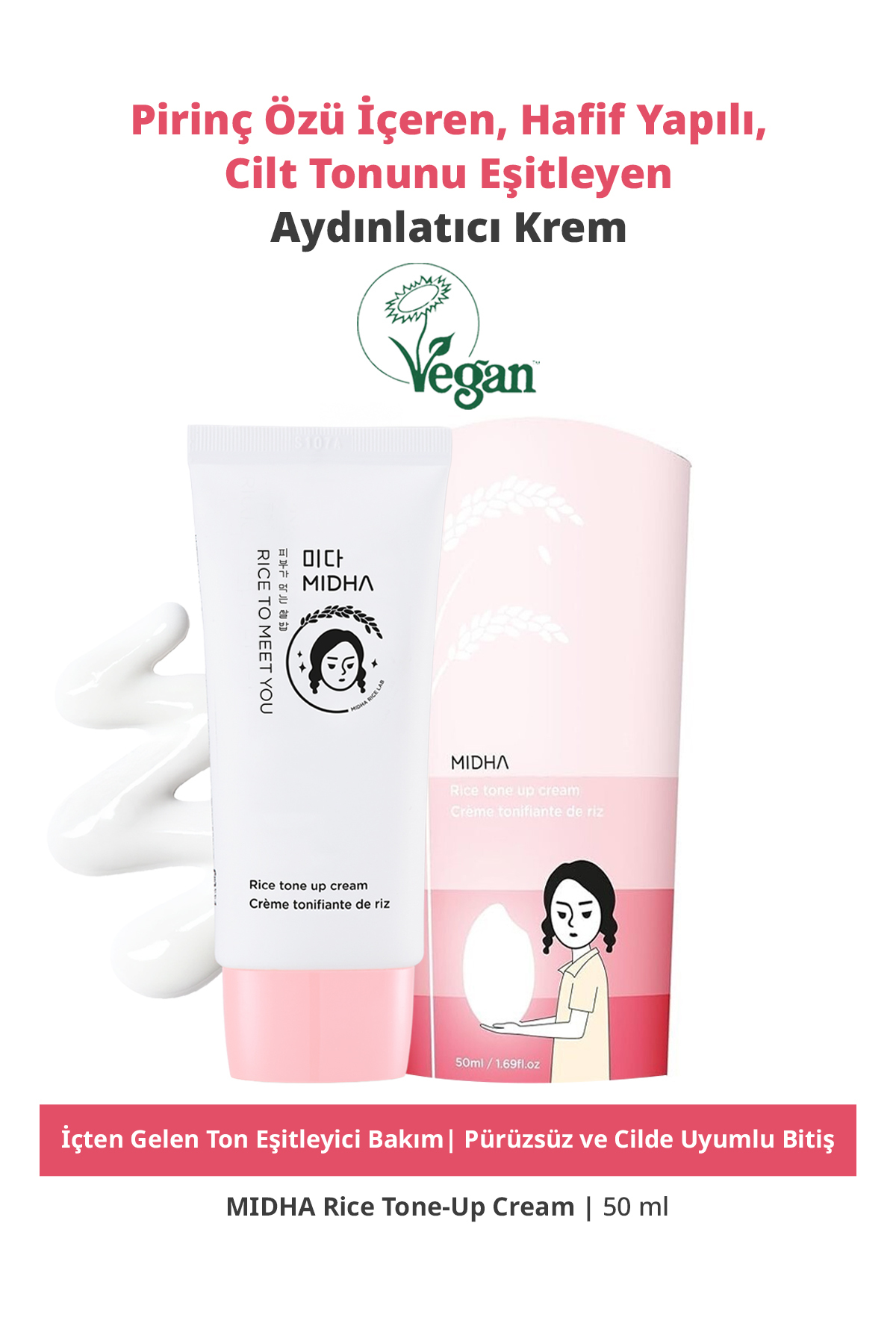 MIDHA Pirinç Özü İçeren, Hafif Yapılı, Cilt Tonunu Eşitleyen Aydınlatıcı Krem Rice Tone-Up Cream