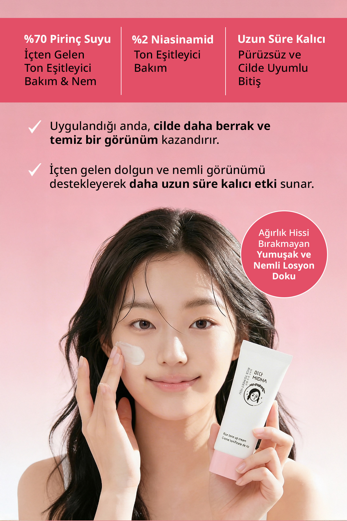 MIDHA Pirinç Özü İçeren, Hafif Yapılı, Cilt Tonunu Eşitleyen Aydınlatıcı Krem Rice Tone-Up Cream - Görsel 3