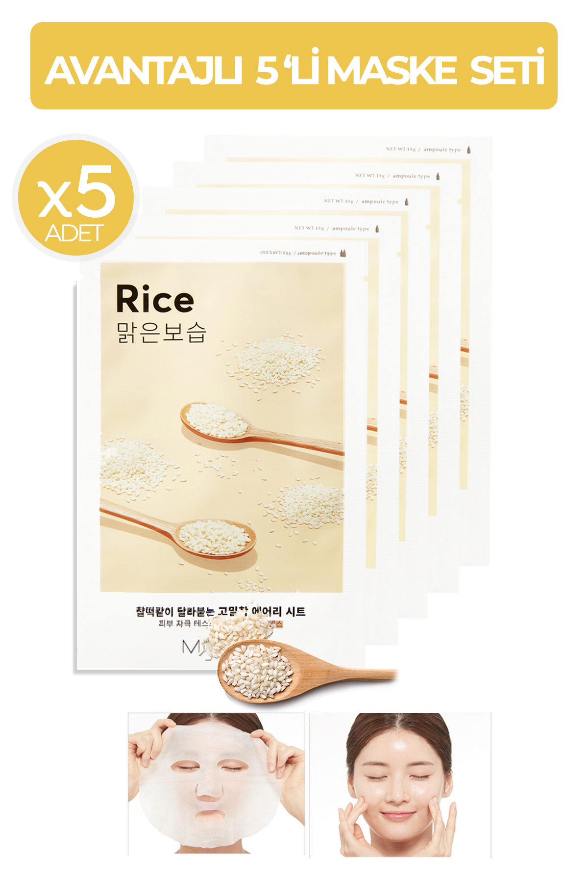Missha Avantajlı Pirinç Özlü Aydınlatıcı ve Nemlendirici Yaprak Maske Seti (5ad) Airy Fit Sheet Mask Rice