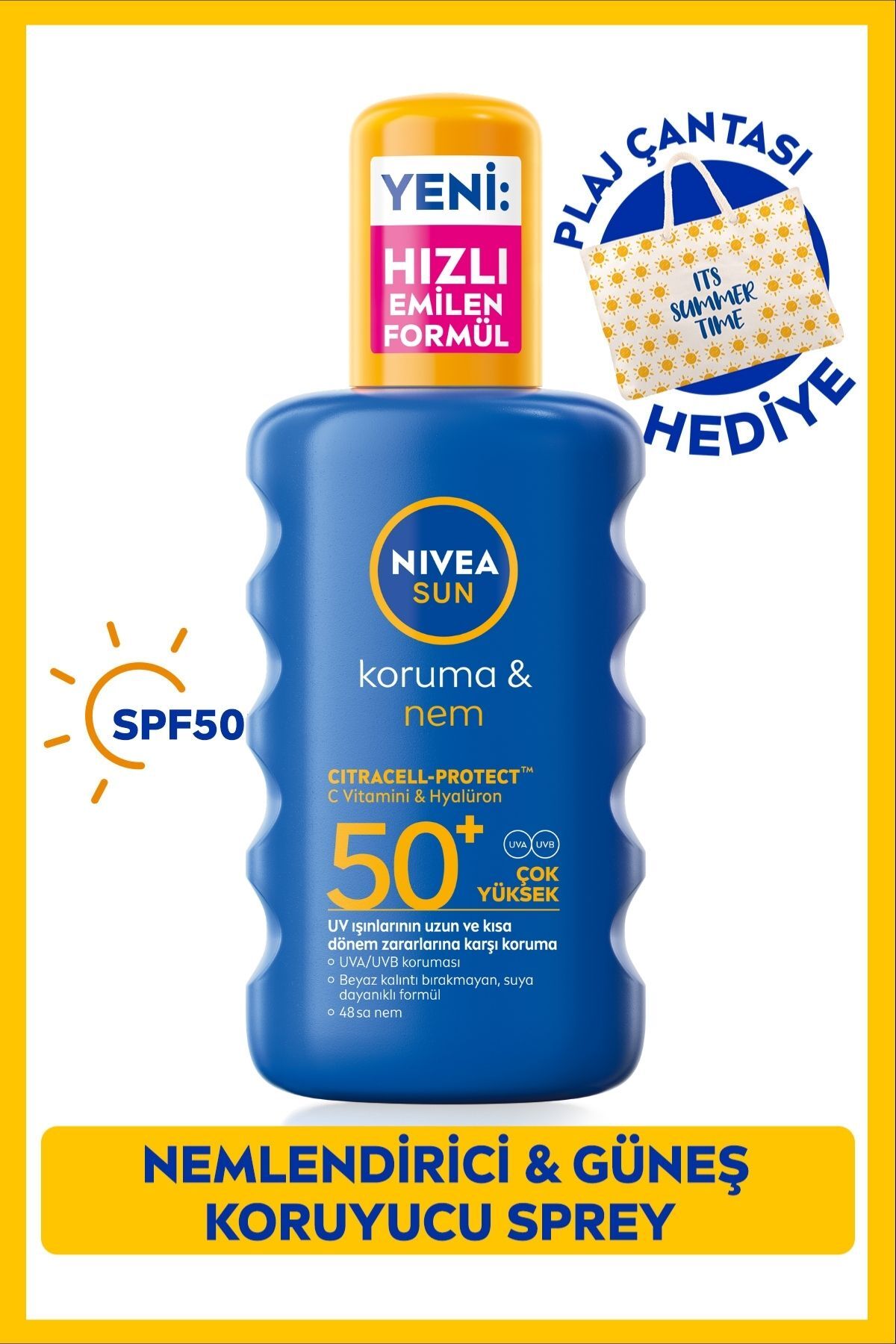 NIVEA SUN SPF50+ Yüksek Güneş Koruyucu Nemlendirici Vücut Spreyi 200ml, Suya Dayanıklı,Plaj Çantası Hediye