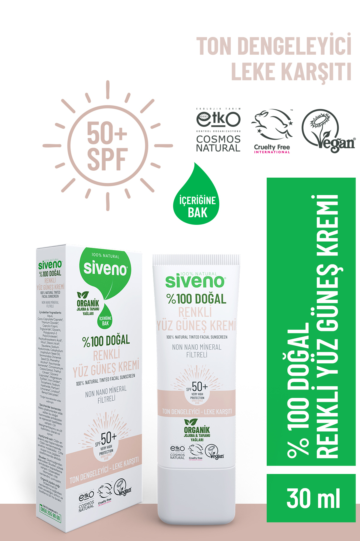 Siveno 0 Doğal Yüz Güneş Kremi Renkli Ton Eşitleyici Leke Karşıtı SPF 50+ UVA UVB 30 ml