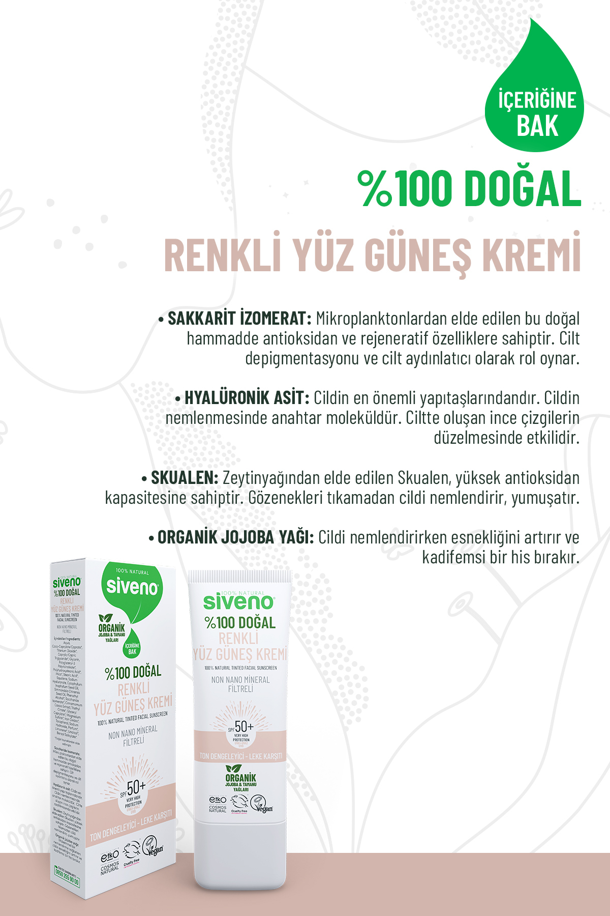 Siveno 0 Doğal Yüz Güneş Kremi Renkli Ton Eşitleyici Leke Karşıtı SPF 50+ UVA UVB 30 ml - Görsel 3