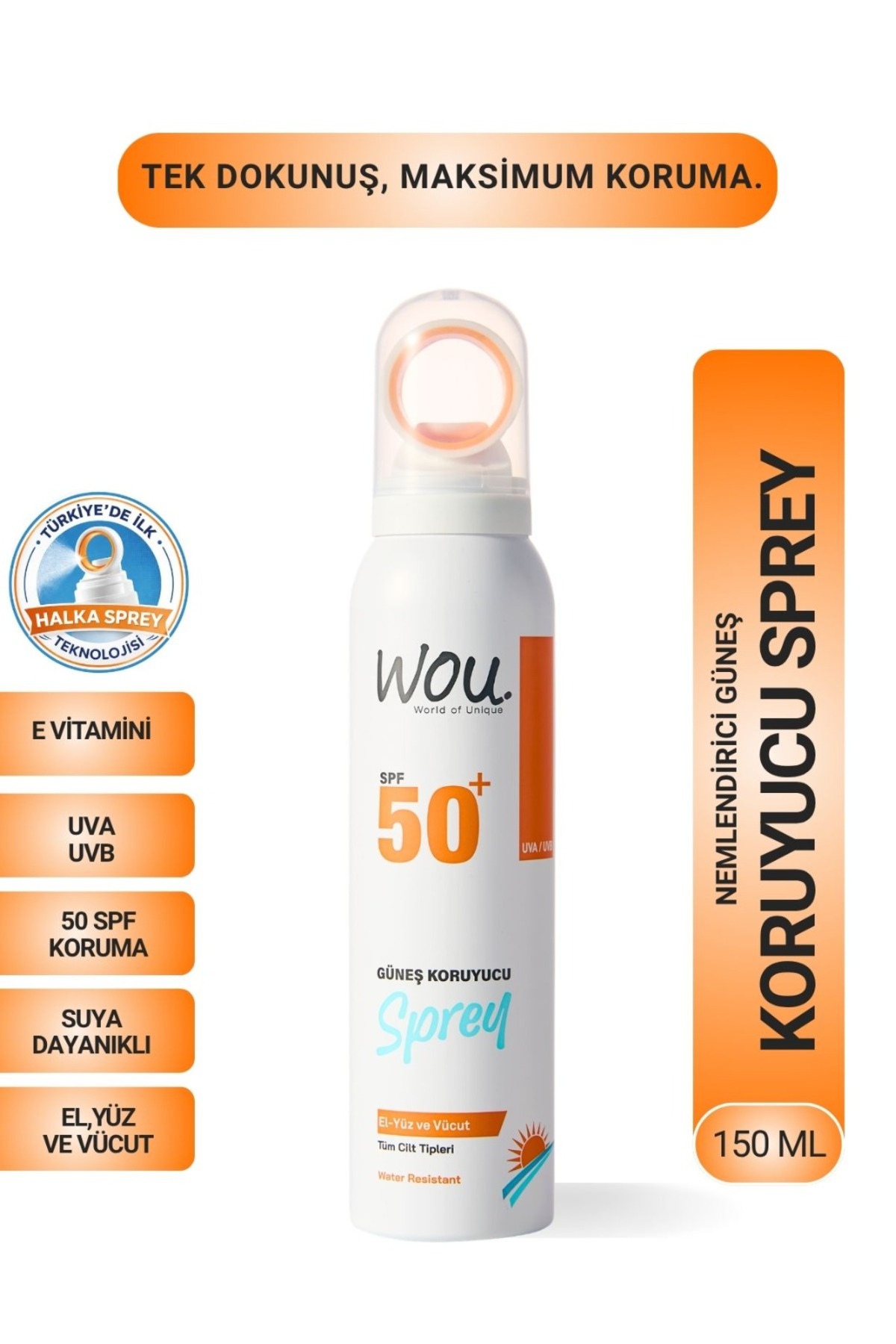 WOU World of Unique Yeni Nesil Güneş Koruyucu Sprey 50spf. Özel Halka Sprey Teknolojisi 150ml