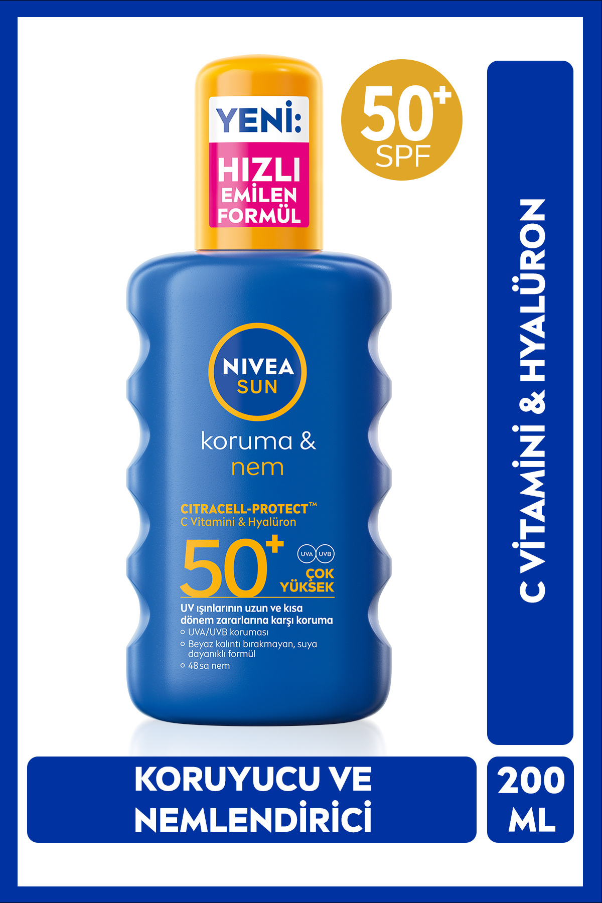 NIVEA SUN SPF 50+ Yüksek Güneş Koruyucu ve Nemlendirici Vücut Spreyi 200ml,Suya Dayanıklı,C Vitamini