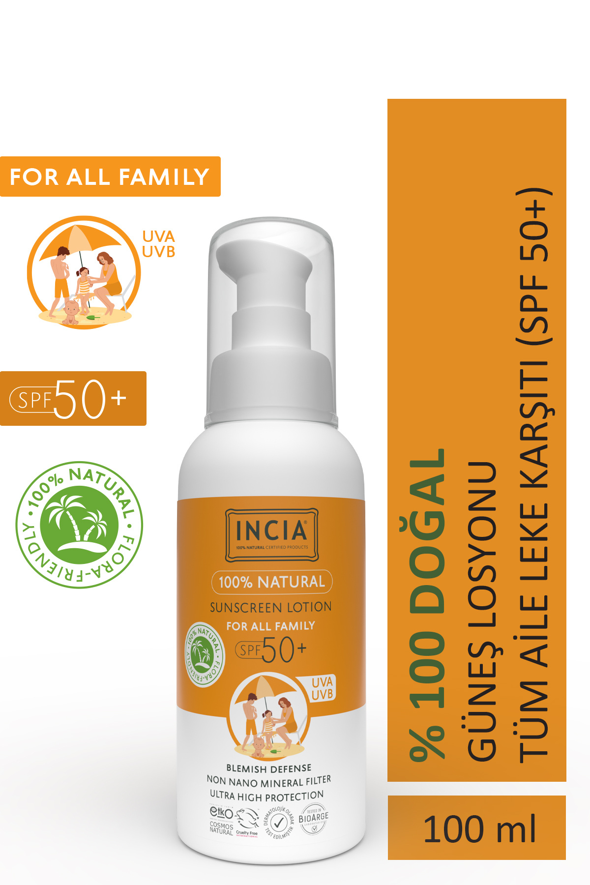 INCIA 0 Doğal Organik Tamanu Yağlı Güneş Losyonu Mineral Filtreli Tüm Aile İçin SPF 50+ UVA UVB 100 ml