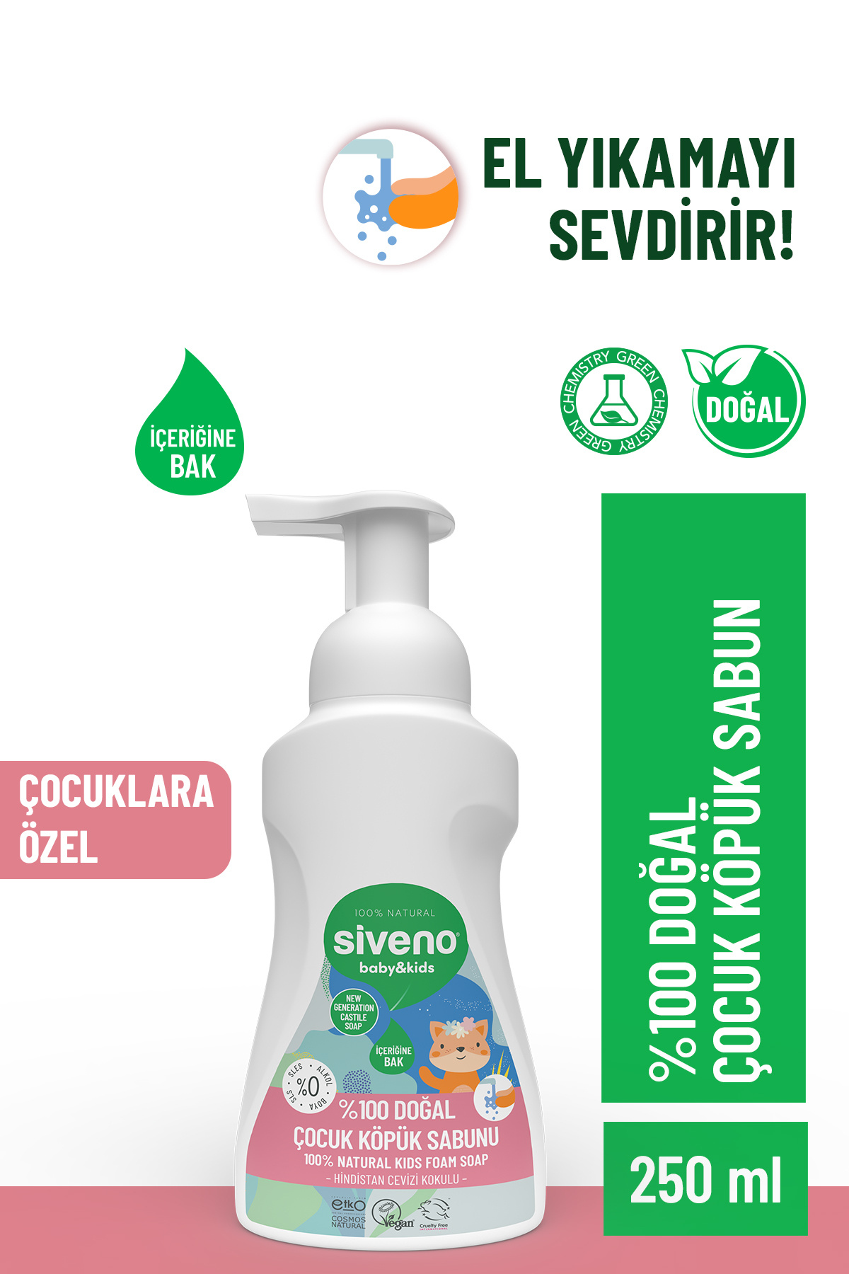Siveno 0 Doğal Zeytinyağlı Çocuk Köpük Kastil Sabun Yoğun Nemlendirici Arındırıcı Bitkisel Vegan 250ml