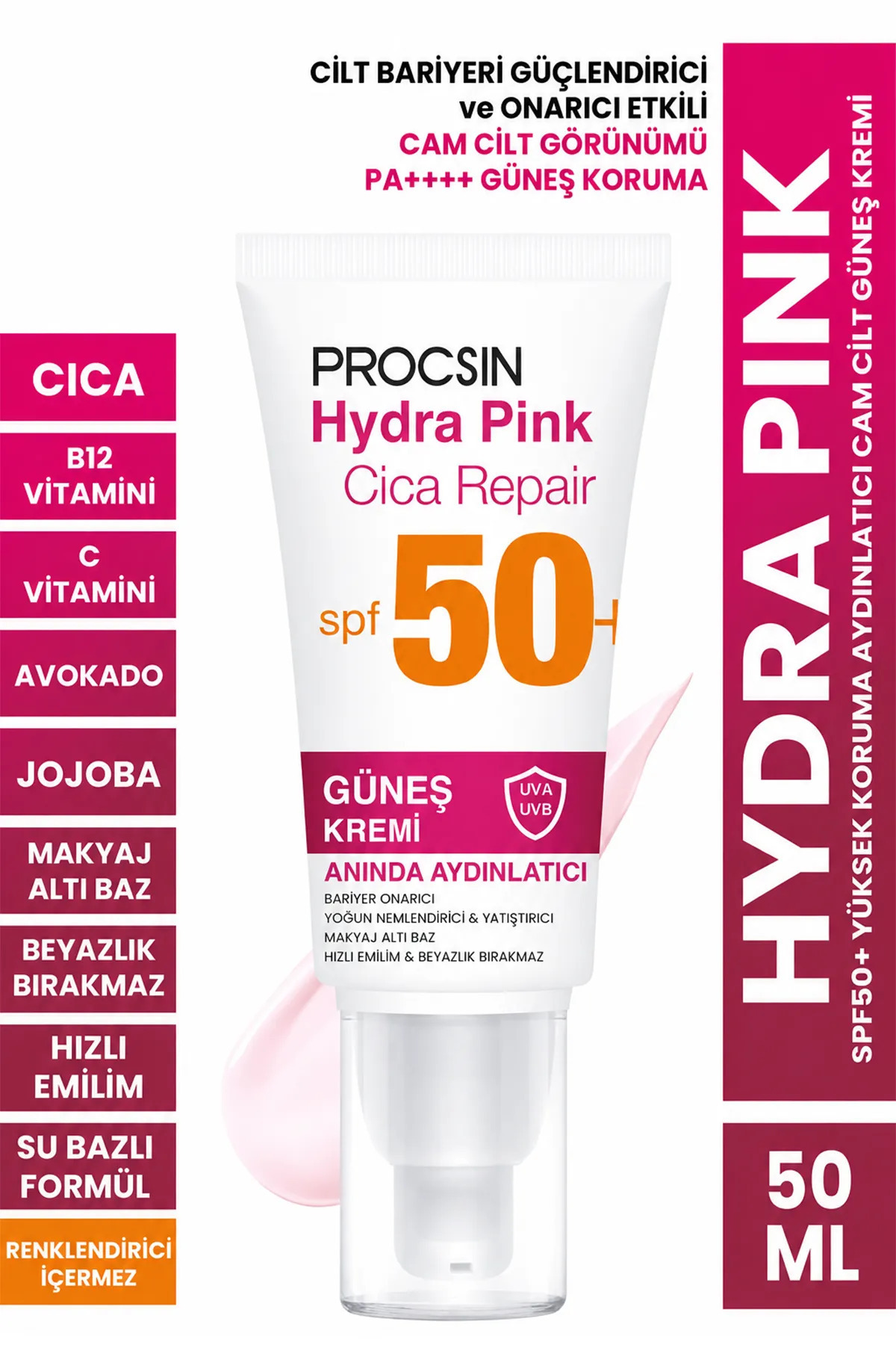 PROCSIN Hydra Pink (RENKLİ) Spf50 Bariyer Güçlendirici Cam Cilt Güneş Kremi Pa