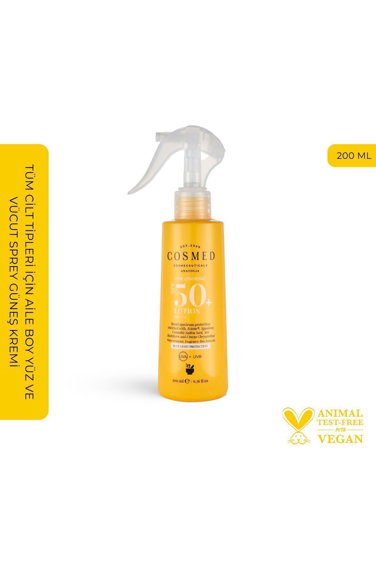 COSMED Tüm Cilt Tipleri için Aile Boy Yüz ve Vücut Sprey Güneş Kremi/SUN ESSENTIALS LOTION SPF50+ 200 ML