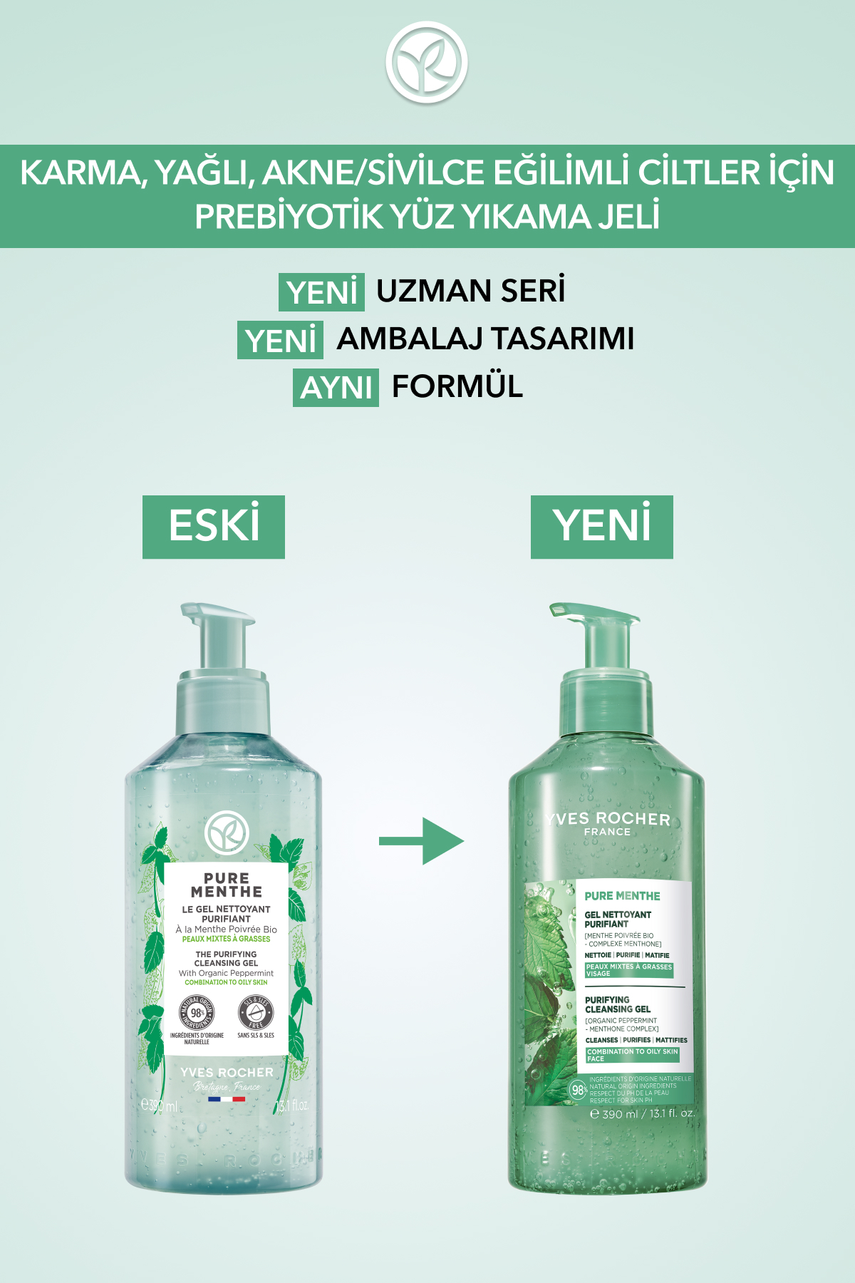 Yves Rocher Yüz Yıkama Jeli-Karma,Yağlı,Sivilce Eğilimli Cilt-Pure Menthe Arındırıcı Botanik Kompleks 390ml - Görsel 3