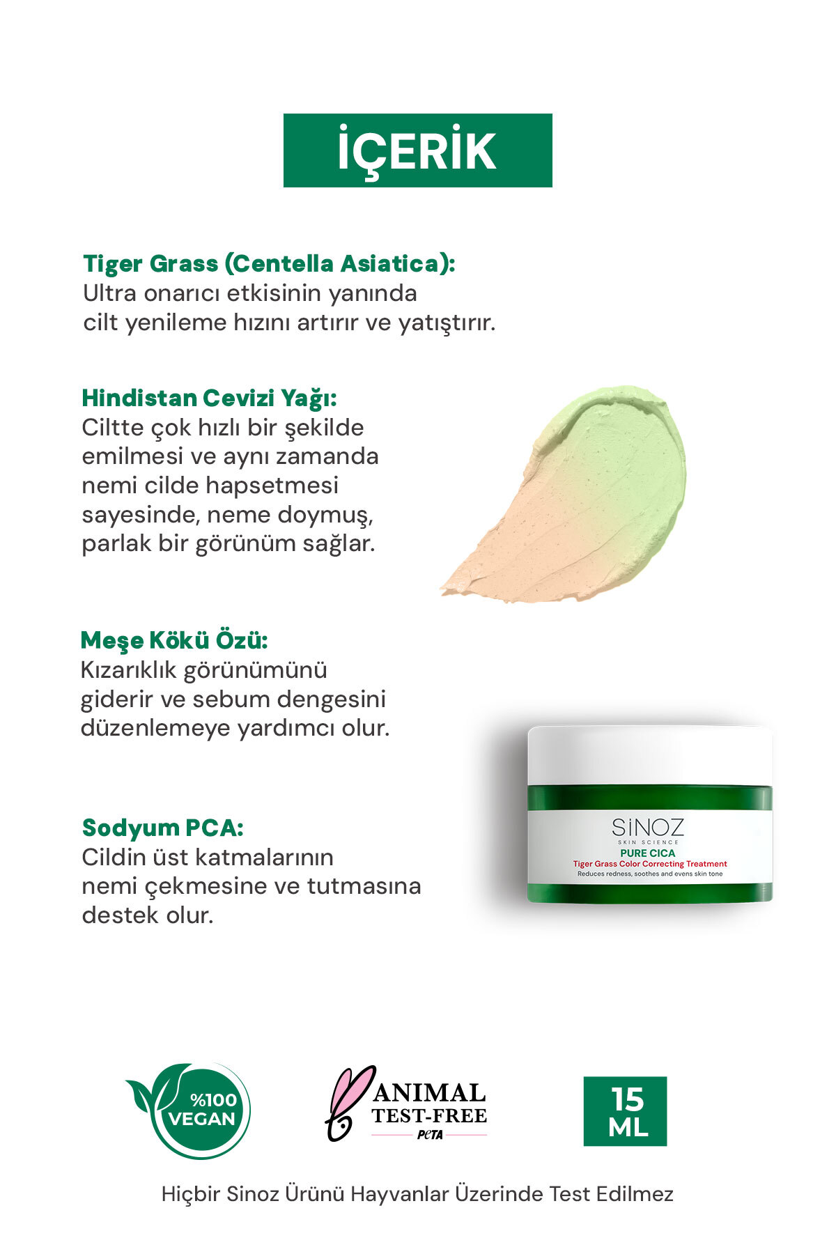 Sinoz Pure Cica Tiger Grass Anında Ton Eşitleyici Onarıcı Yüz Bakım Kremi 15 ml - Görsel 3