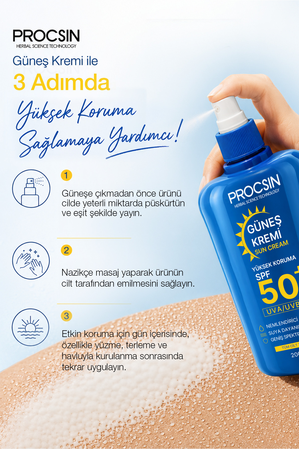 PROCSIN 50+ SPF Yüksek Koruma Güneş Kremi 200 ML - Görsel 3
