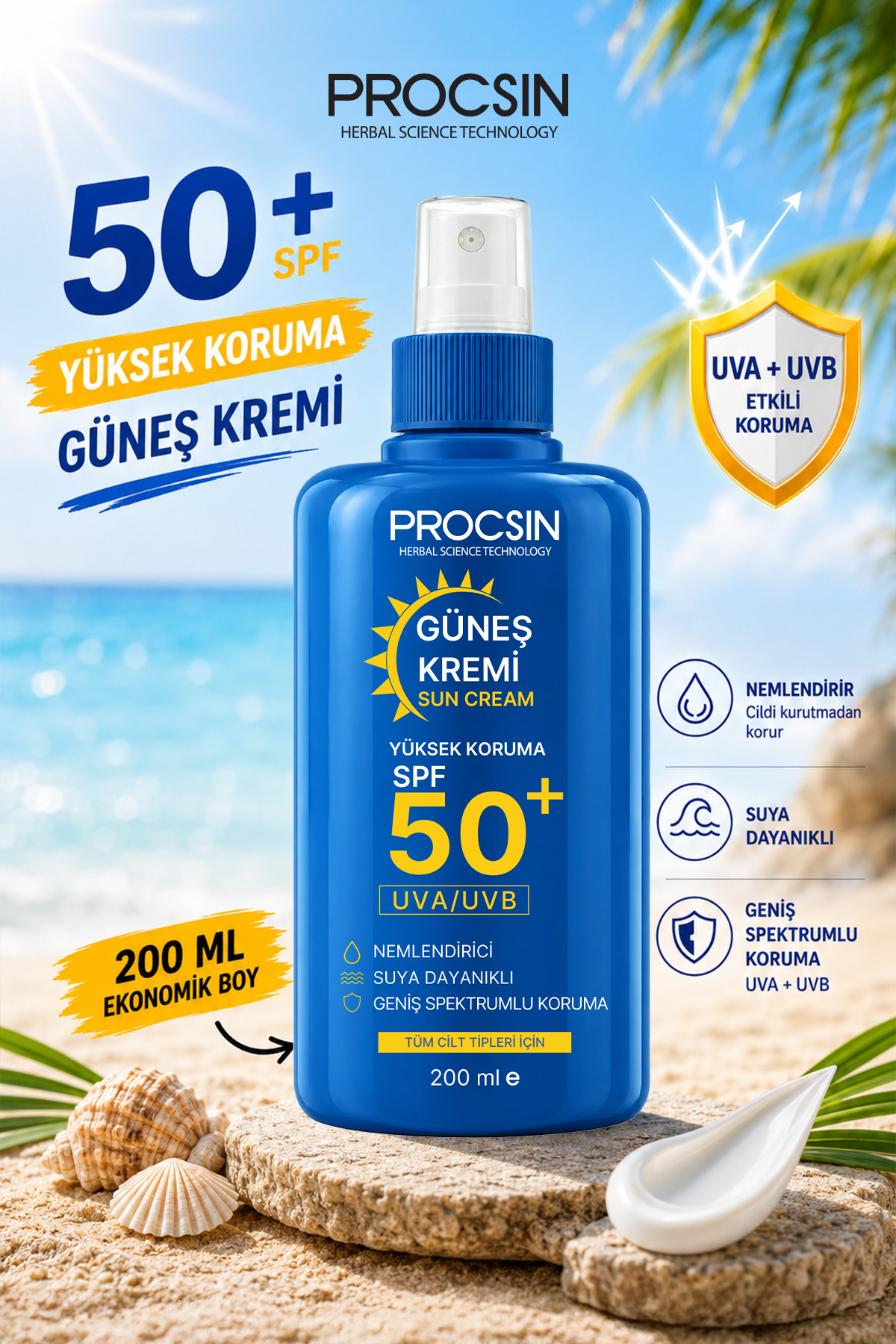 PROCSIN 50+ SPF Yüksek Koruma Güneş Kremi 200 ML