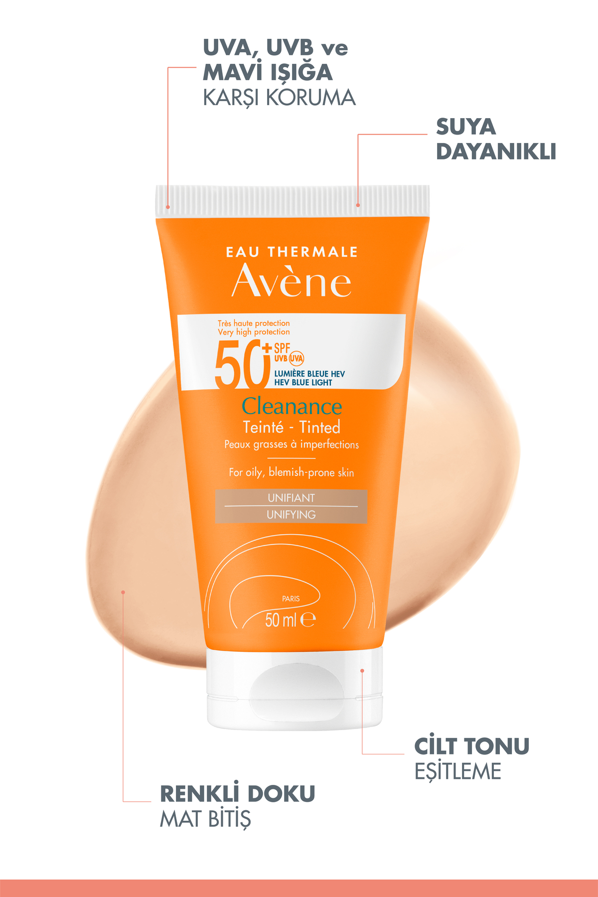 Avene Cleanance SPF 50+ Yağlı ve Akneye Eğilimli Ciltler için Yüksek Korumalı Renkli Güneş Kremi 50 ml - Görsel 3
