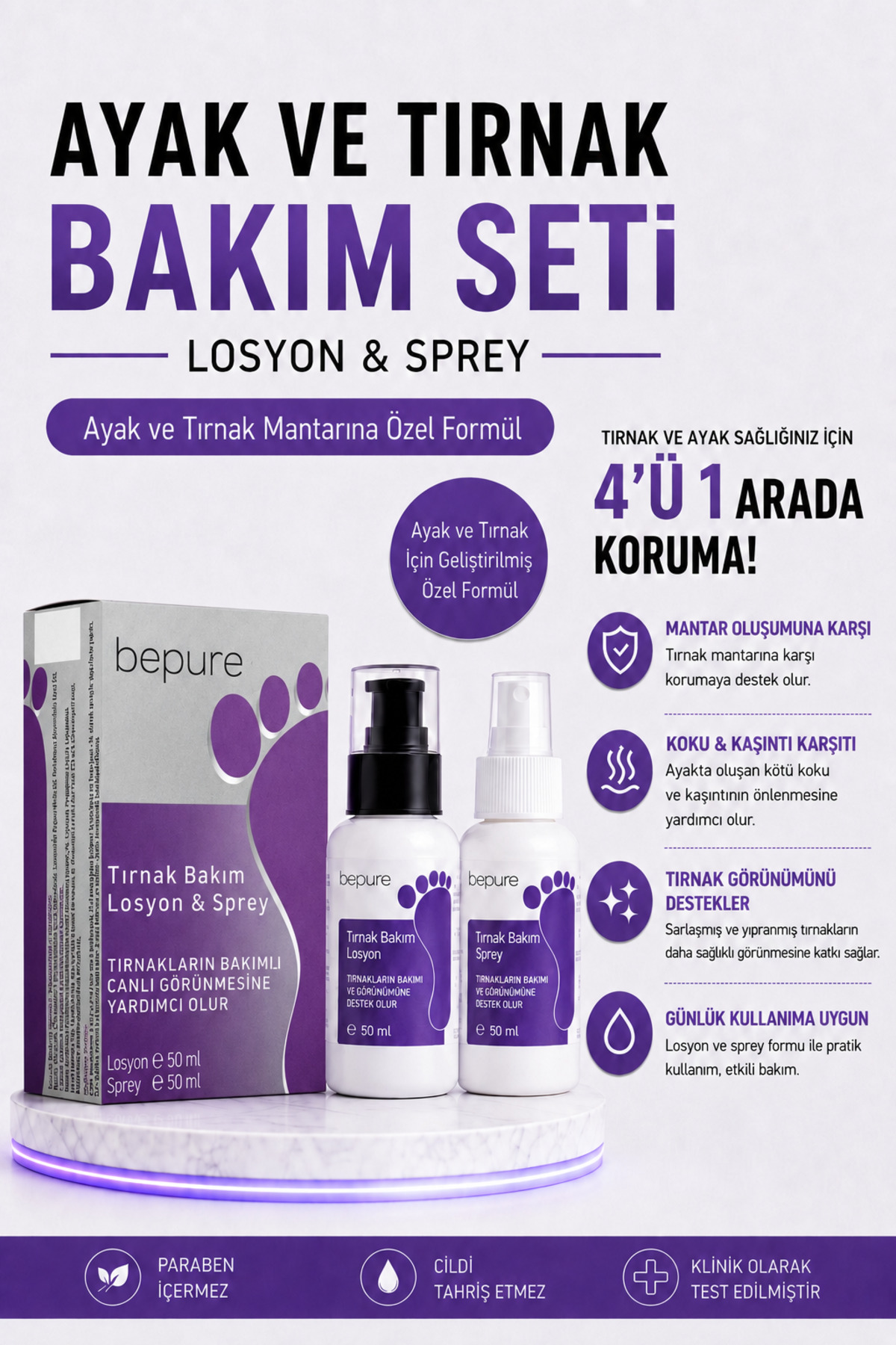 Bepure Ayak Ve Tırnak Mantarı, Kaşıntı Ve Koku Için Losyon & Sprey Seti 100 ml (50ML LOSYON 50ML SPREY)