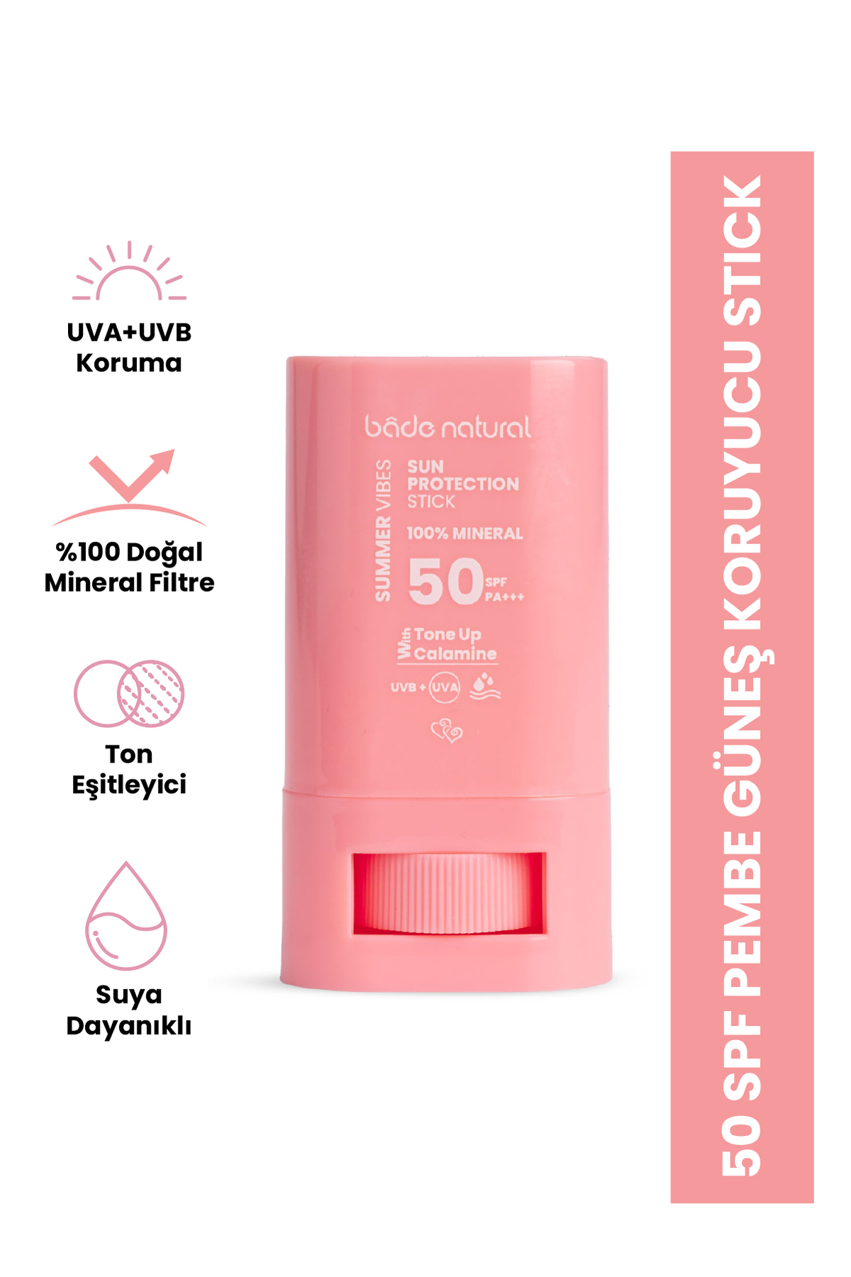 Bade Natural 50 SPF Ton Eşitleyici ve Cilt Aydınlatıcı Pembe Yüksek Korumalı Güneş Koruyucu Stick 16g