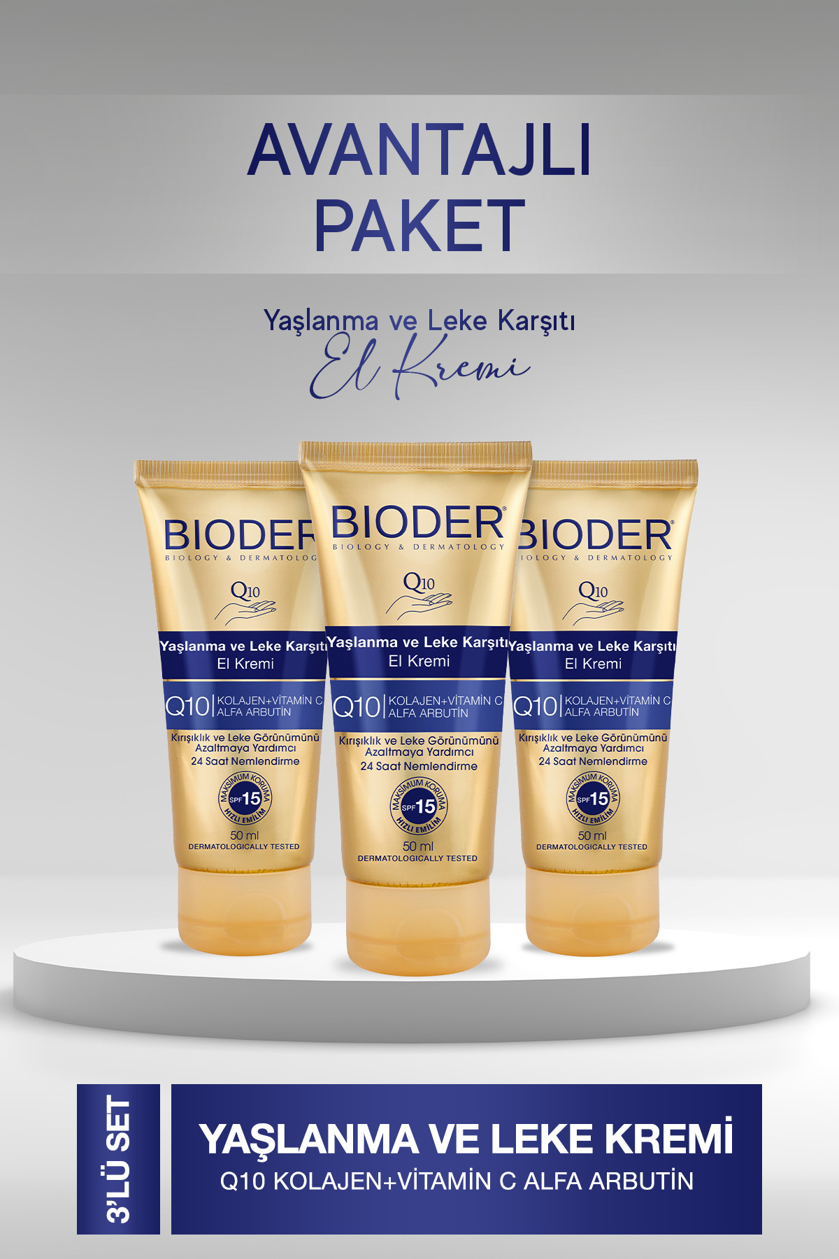 Bioder Yaşlanma Kırışıklık ve Leke Karşıtı El Kremi 50 Ml - Kolajen Q10 Arbutin C Vitamini SPF 15 3 lü