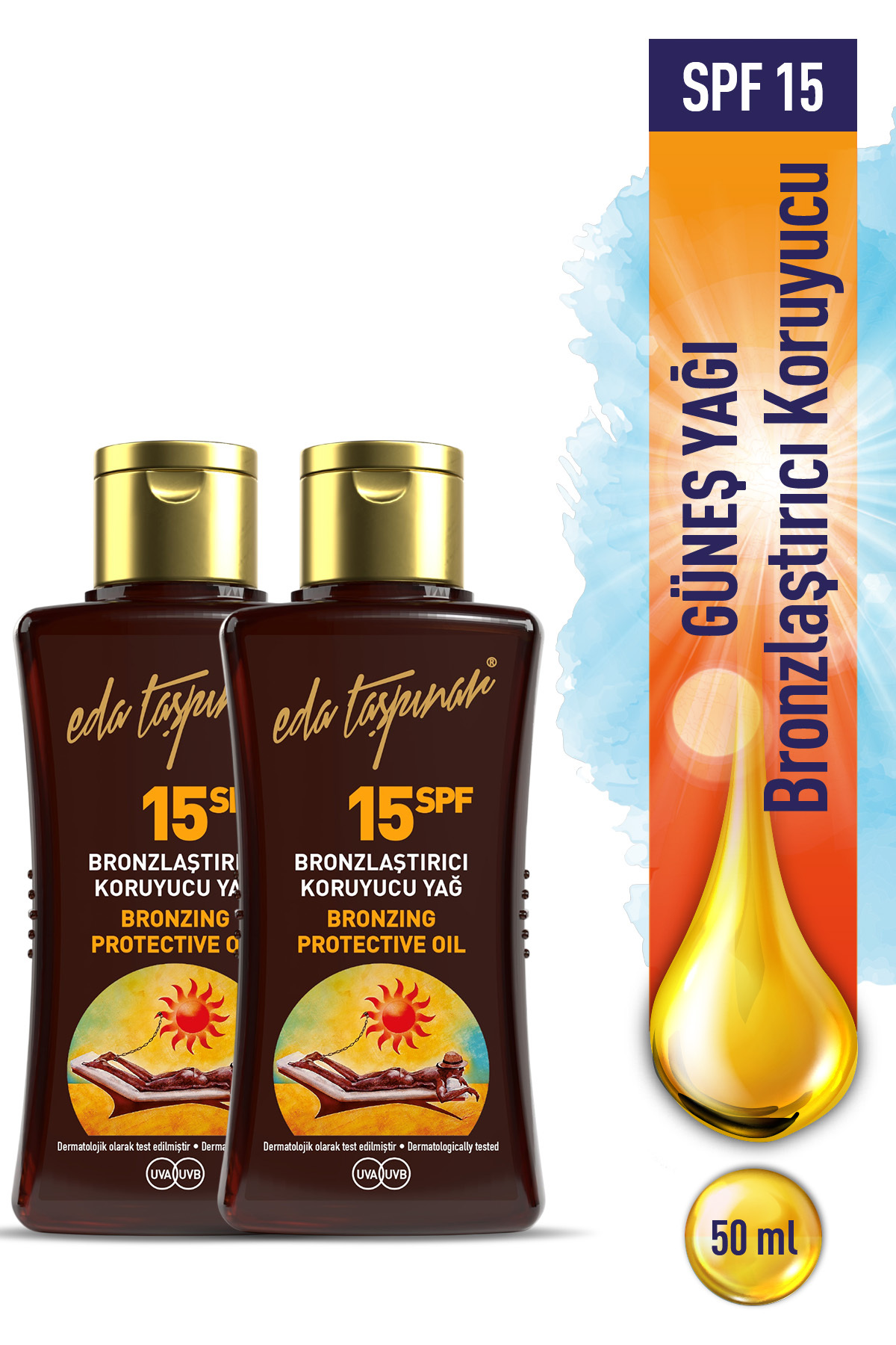 Eda Taşpınar Mini Boy Bronzlaştırıcı Koruyucu Yağ SPF 15 – Koruma & Işıltılı Bronz 50 ml x 2 ADET