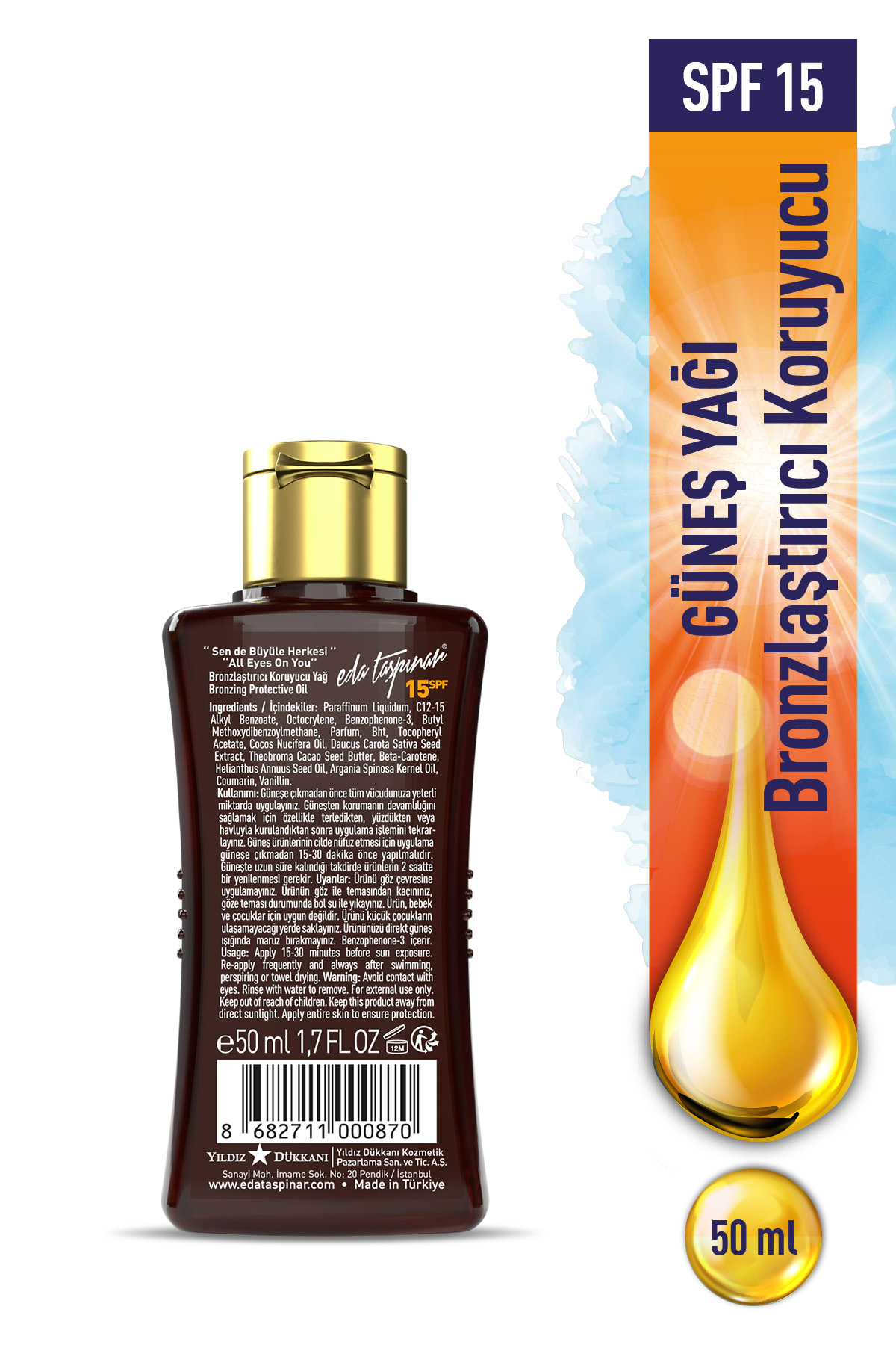 Eda Taşpınar Mini Boy Bronzlaştırıcı Koruyucu Yağ SPF 15 – Koruma & Işıltılı Bronz 50 ml x 2 ADET - Görsel 3