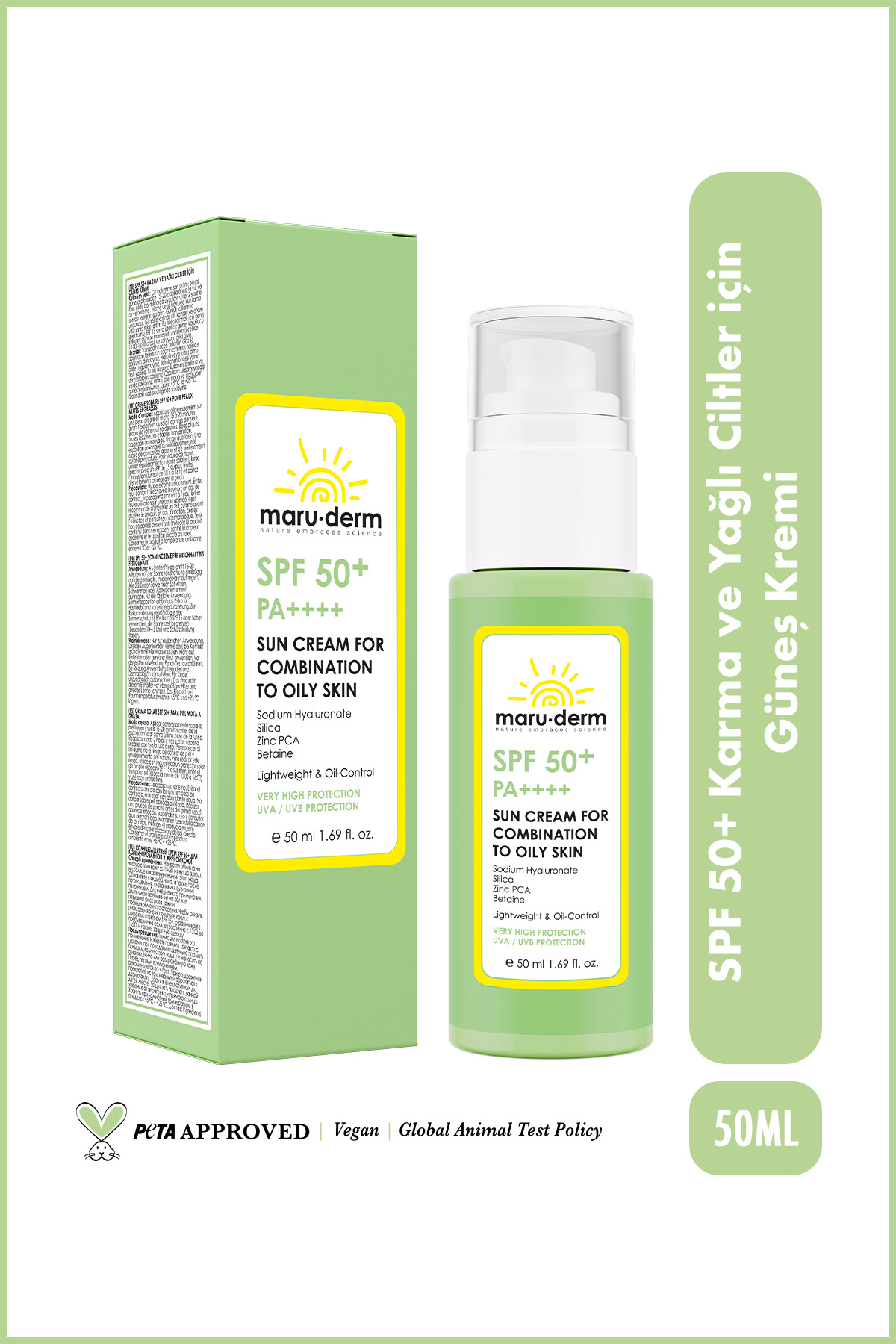Maru.Derm Karma Ve Yağlı Ciltler için Güneş Kremi SPF 50+ PA++++ | Yeni Nesil Kore Filtreli 50 ML